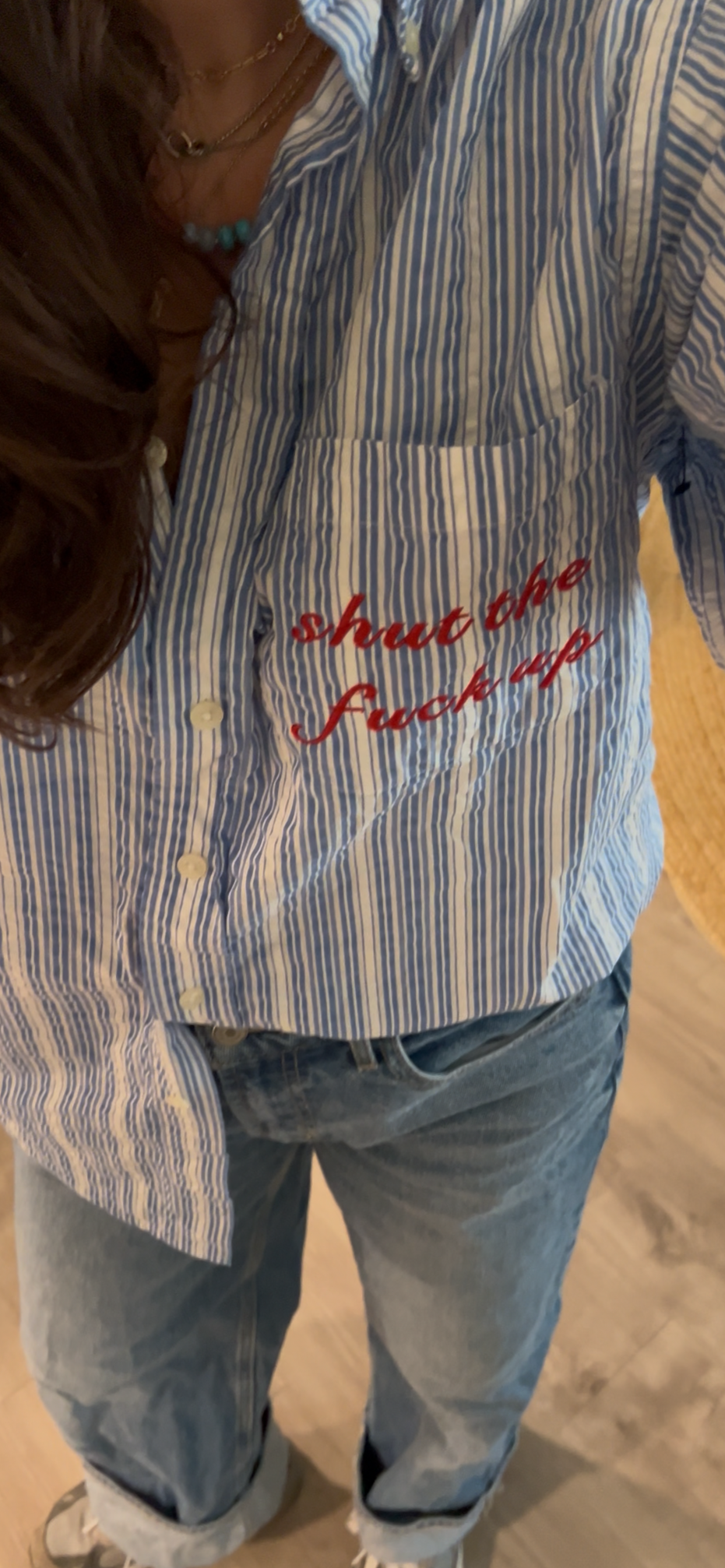 STFU Button Down - Blue/White Stripes & Red