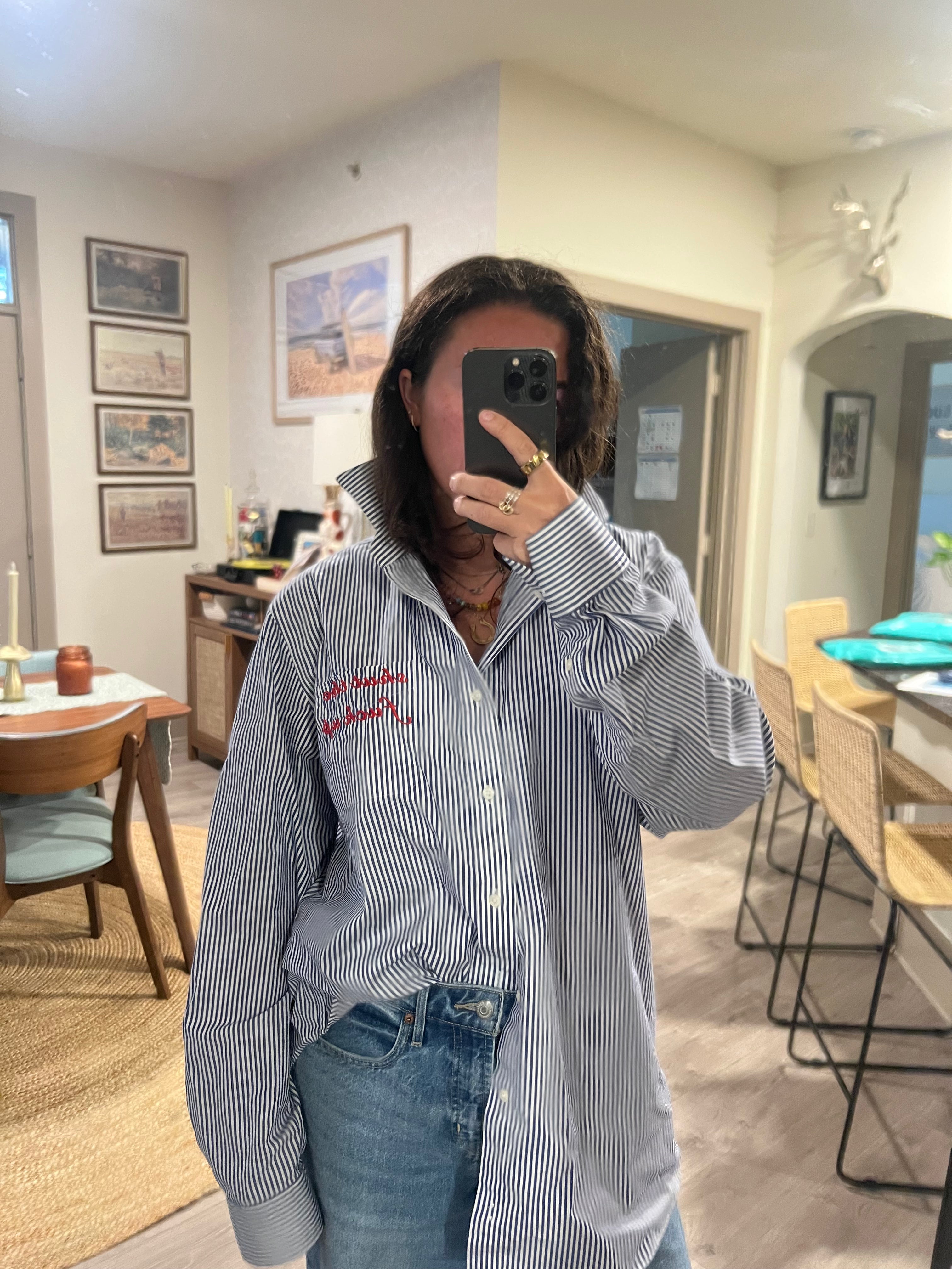 STFU Button Down - Blue Stripes & Red