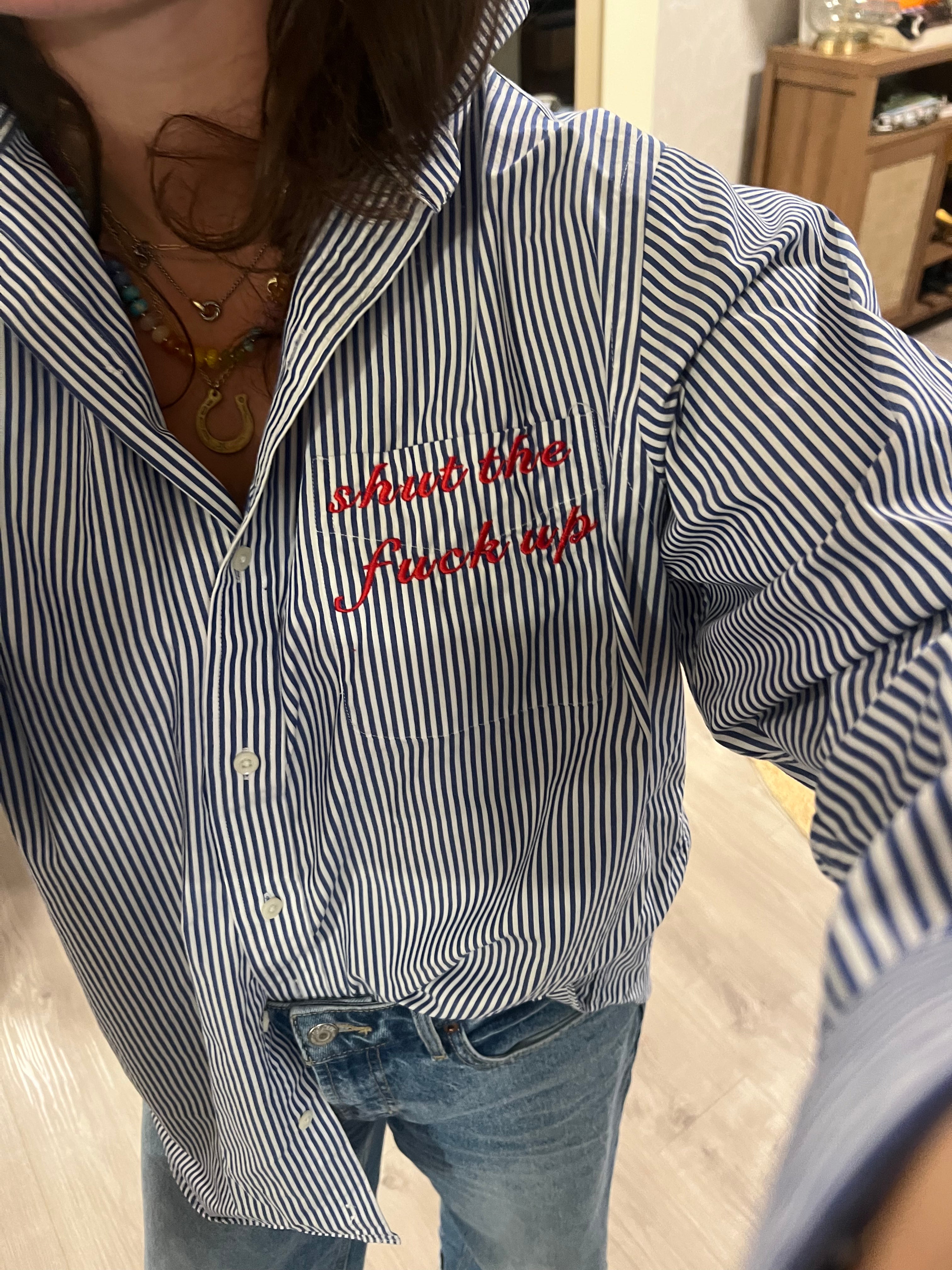 STFU Button Down - Blue Stripes & Red