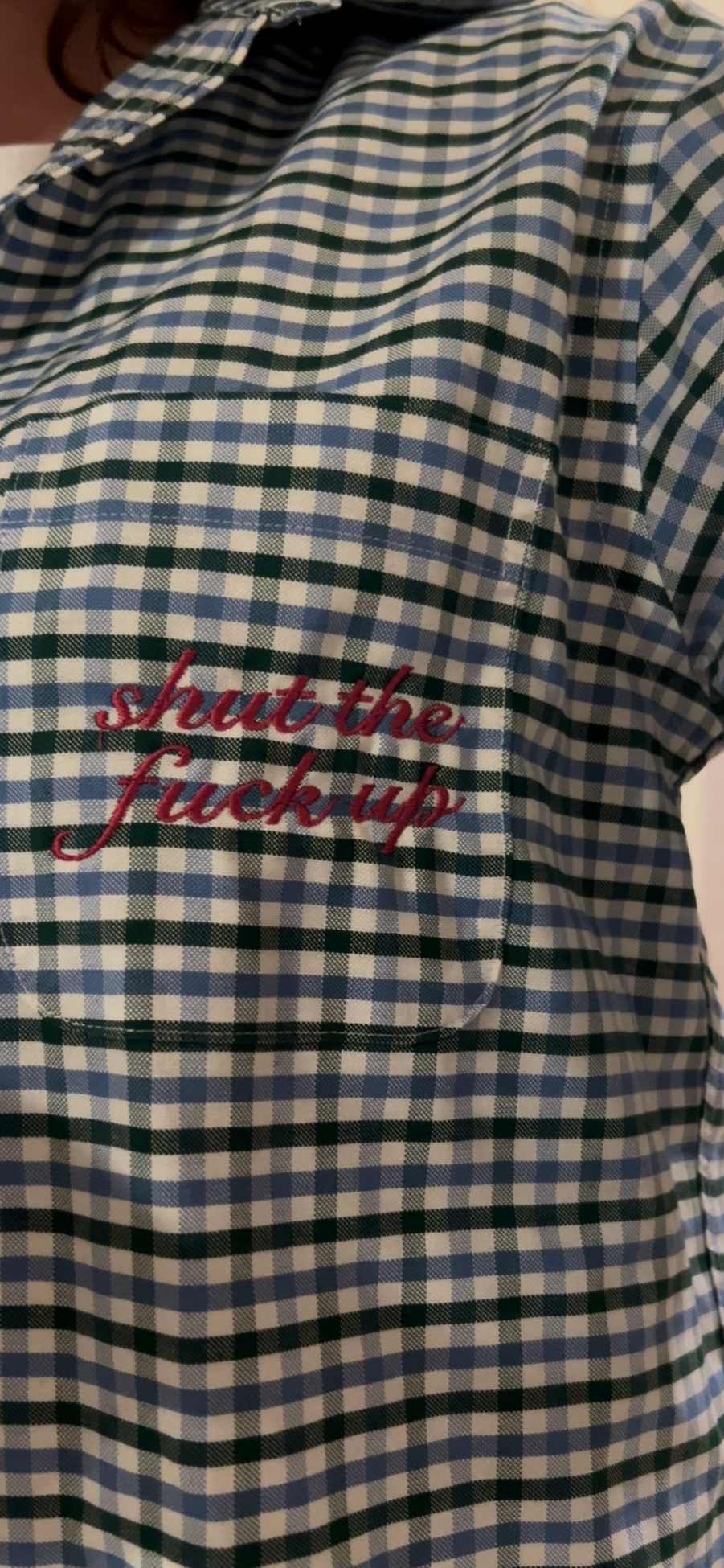 STFU Button Down - Green/Blue Checkered & Pink