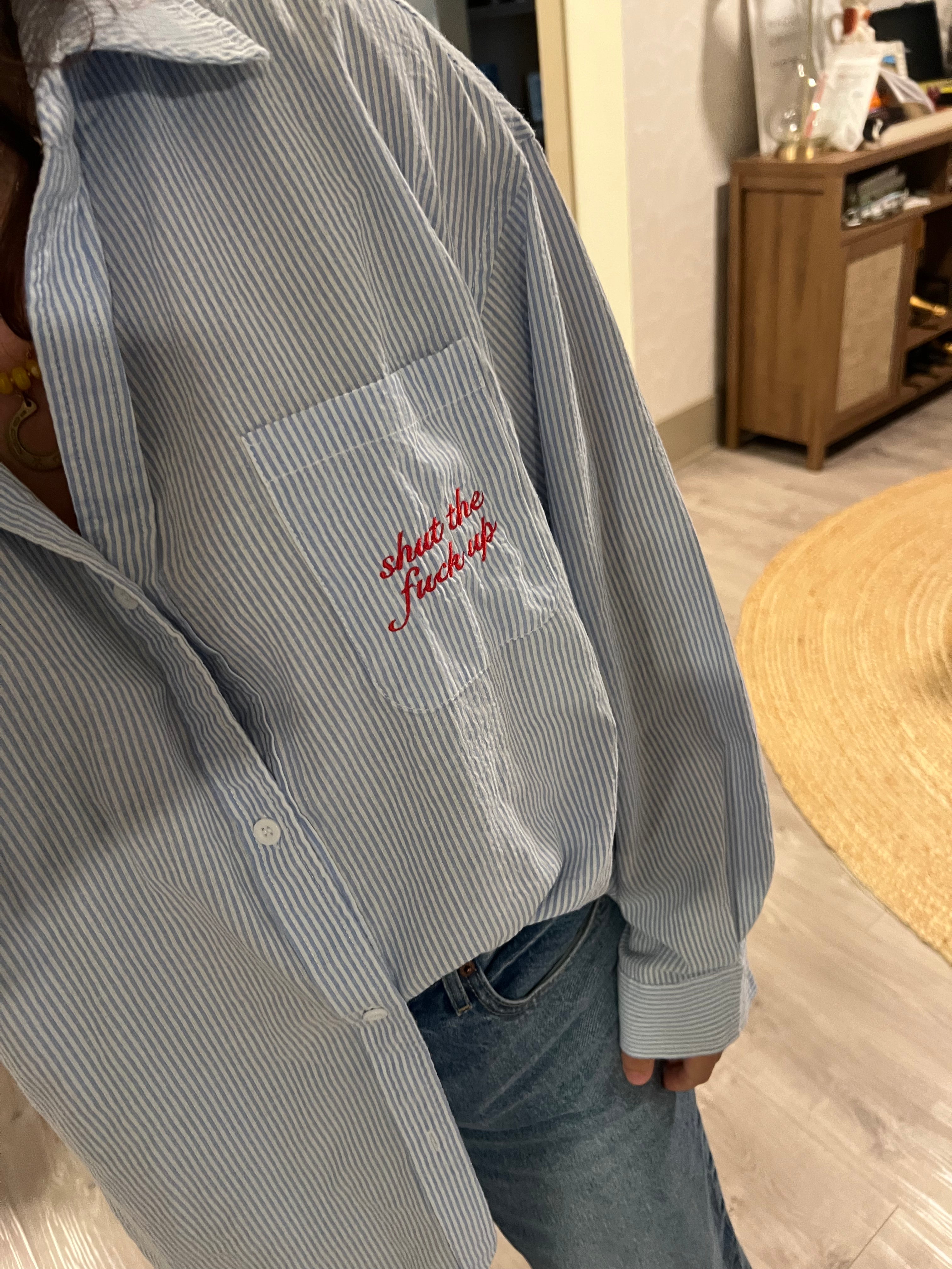 STFU Button Down - Blue Seersucker & White