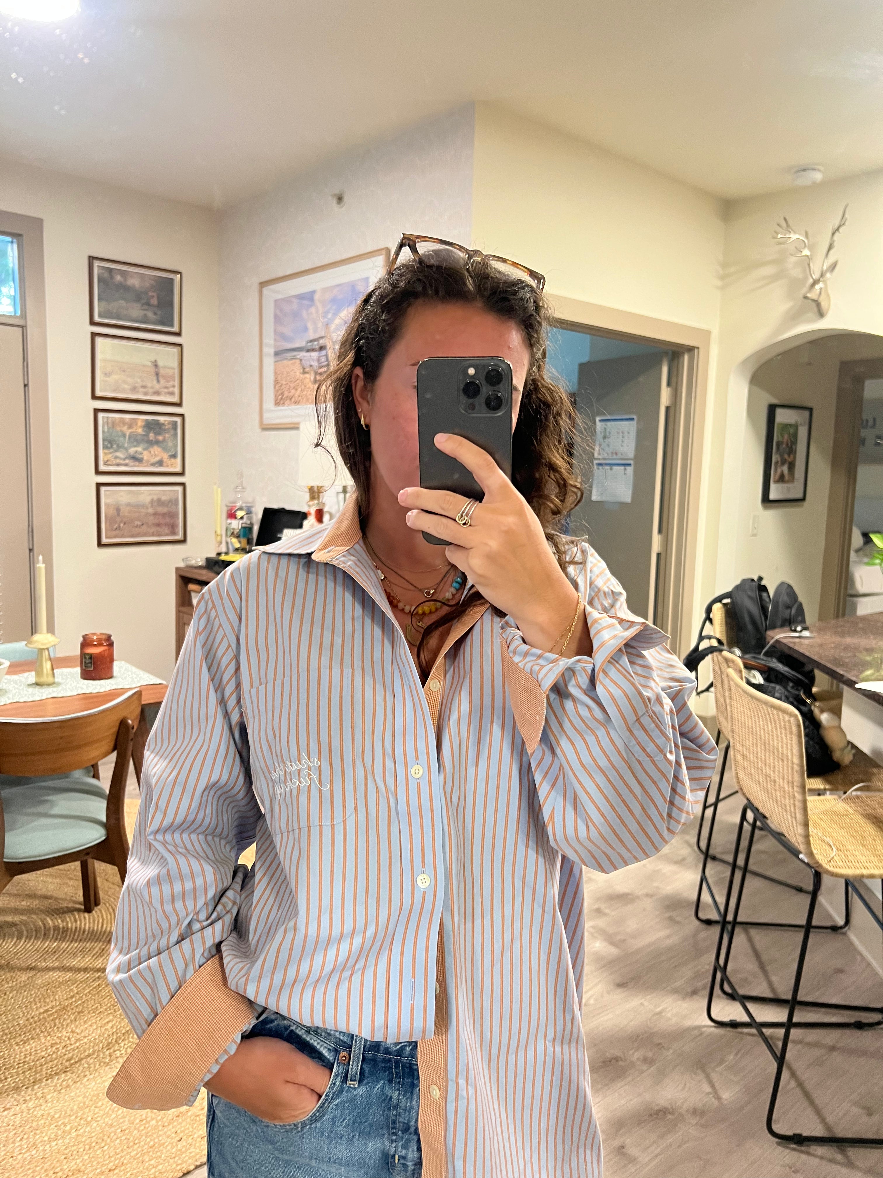 STFU Button Down - Blue/Orange Stripe & White