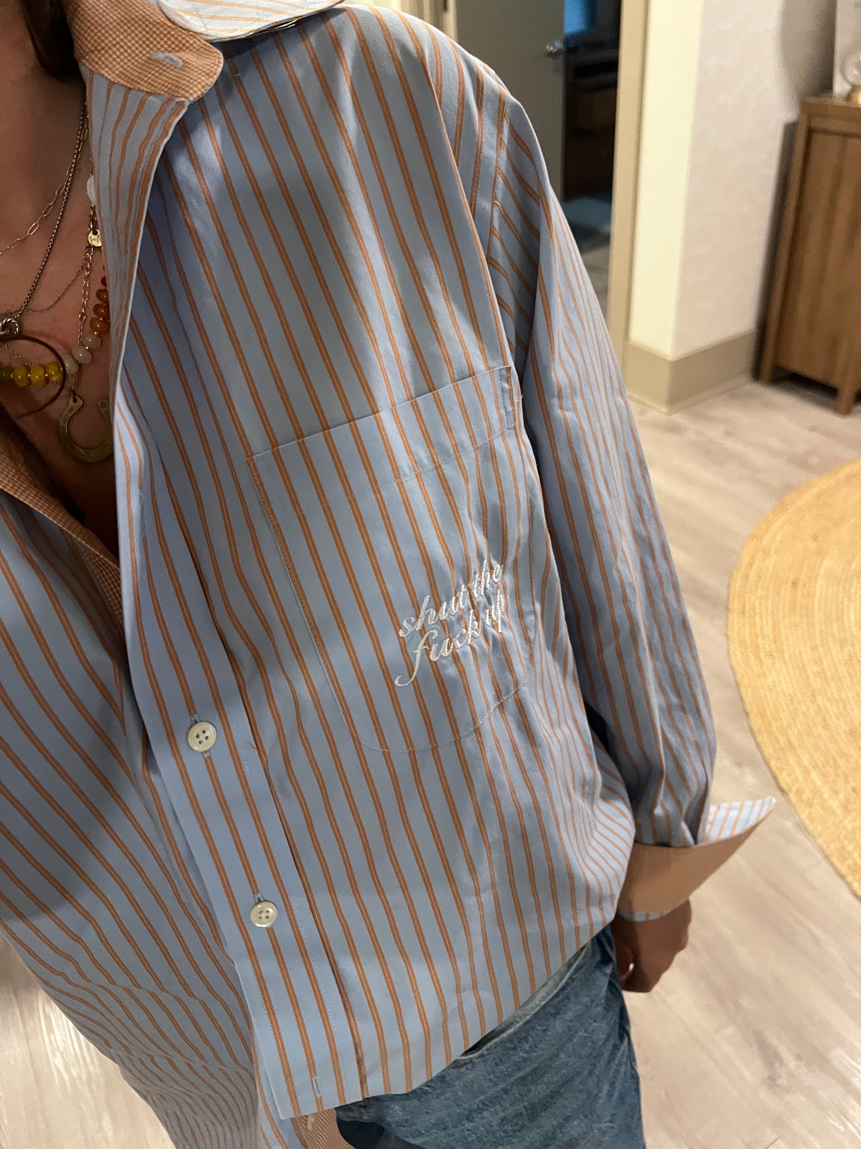STFU Button Down - Blue/Orange Stripe & White