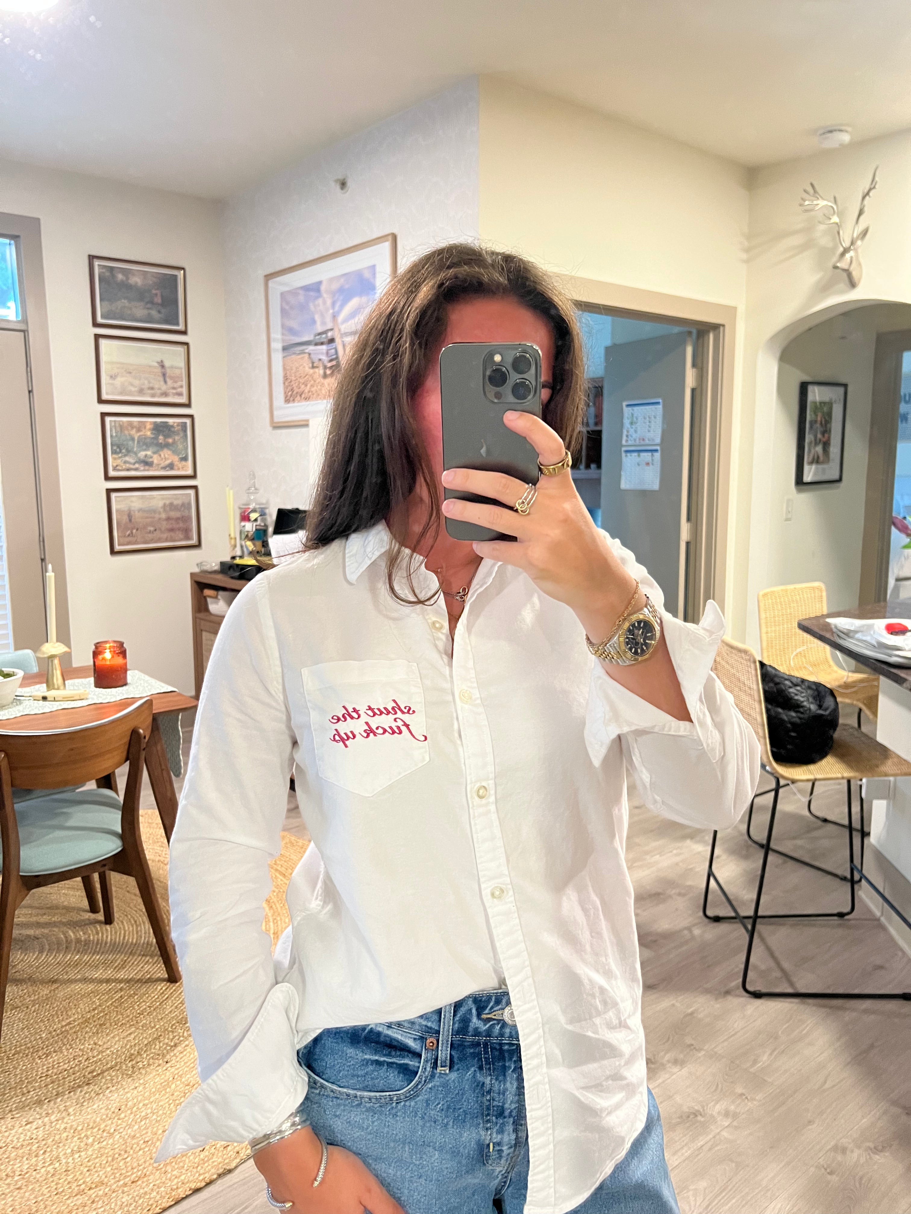 STFU Button Down - White & Magenta