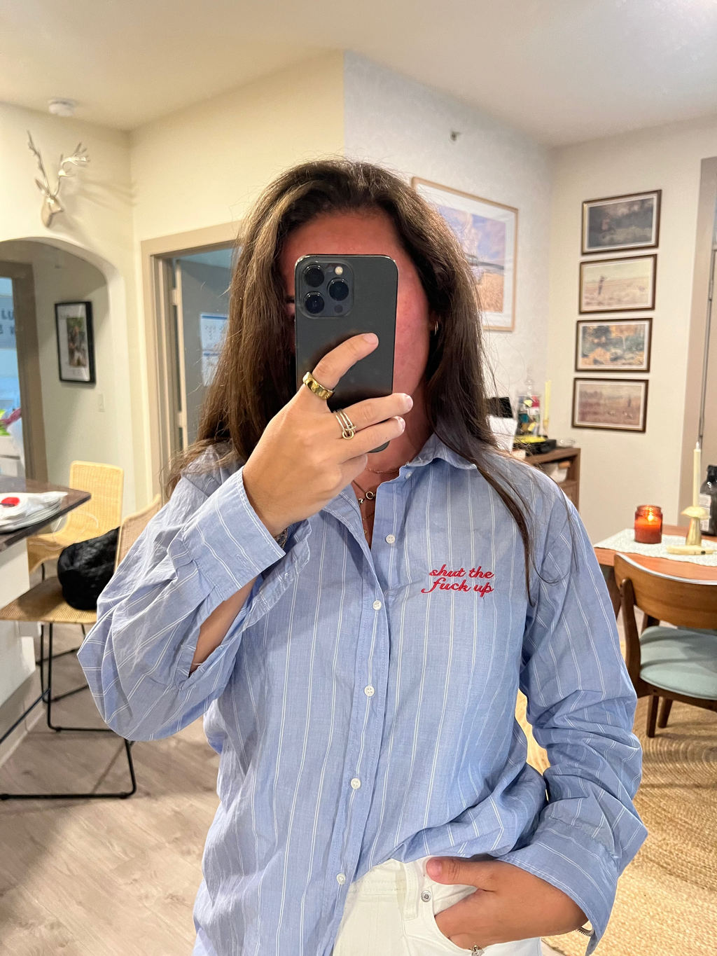 STFU Button Down - Blue Stripe & Red