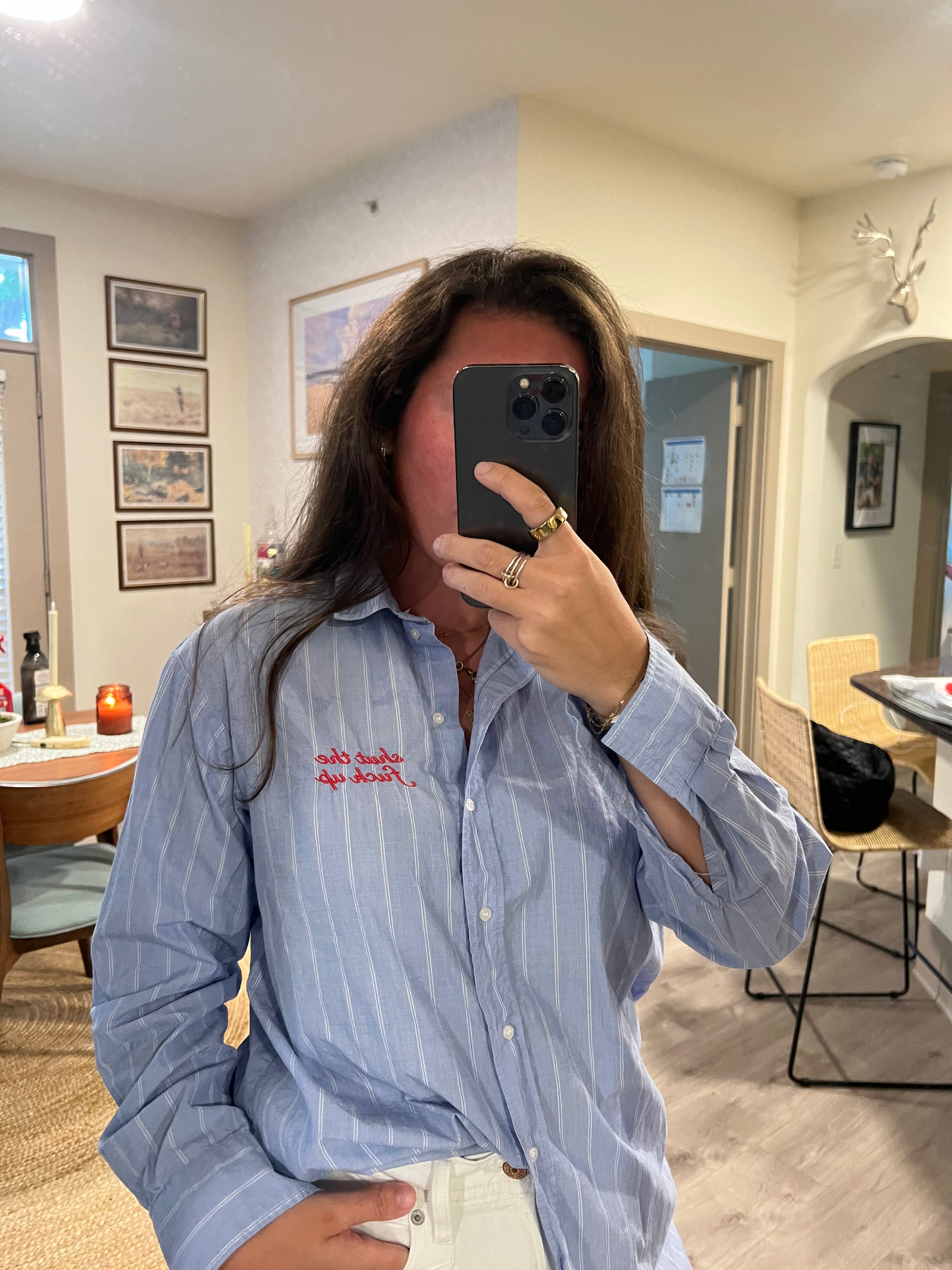STFU Button Down - Blue Stripe & Red