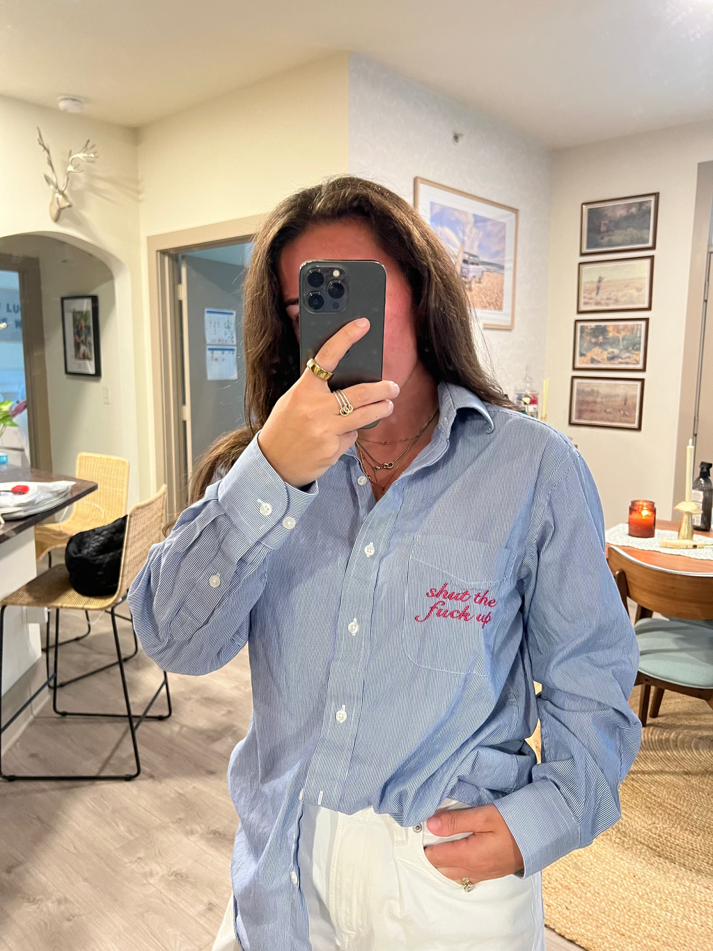 STFU Button Down - Blue Stripe & Magenta
