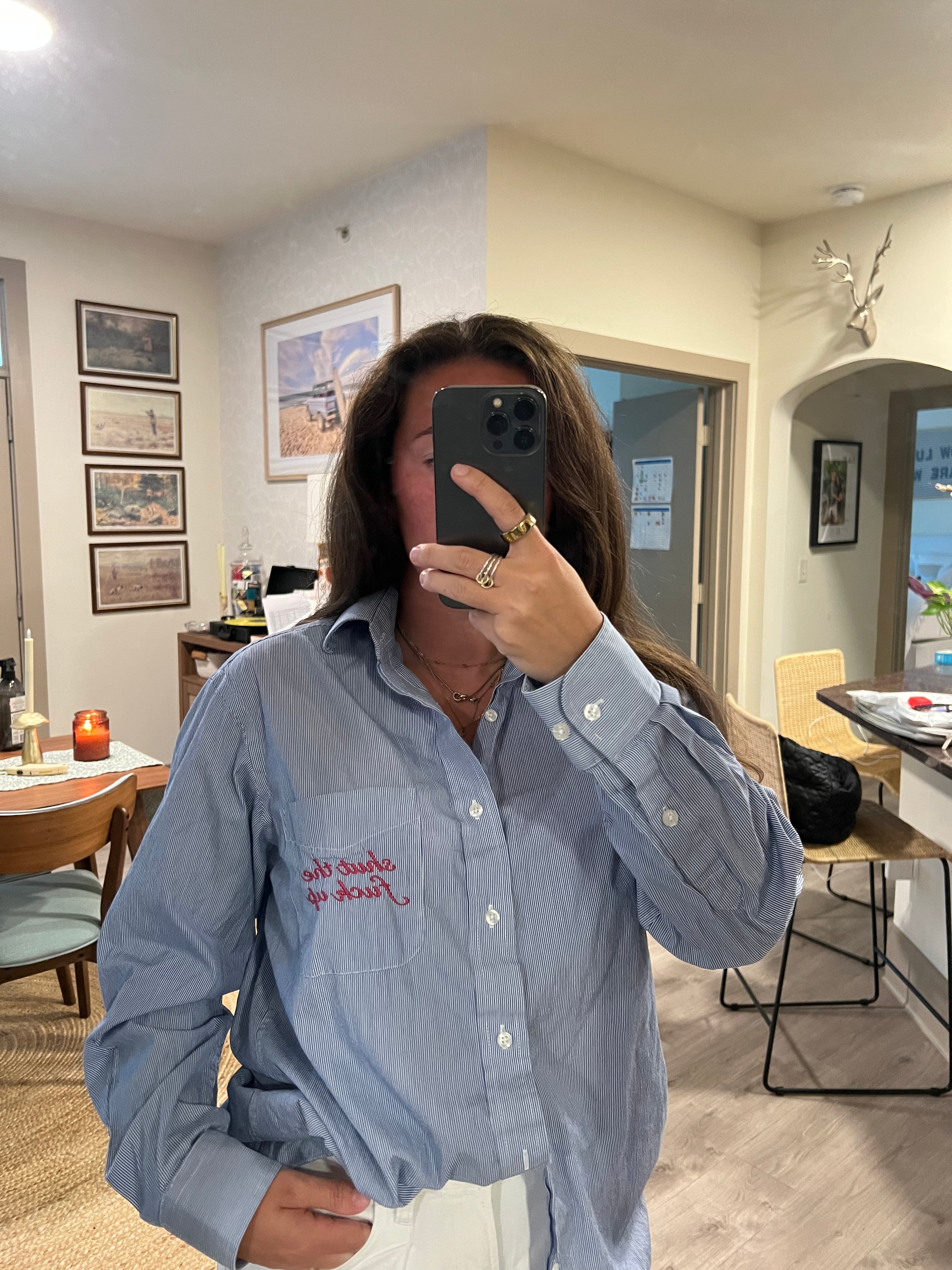 STFU Button Down - Blue Stripe & Magenta