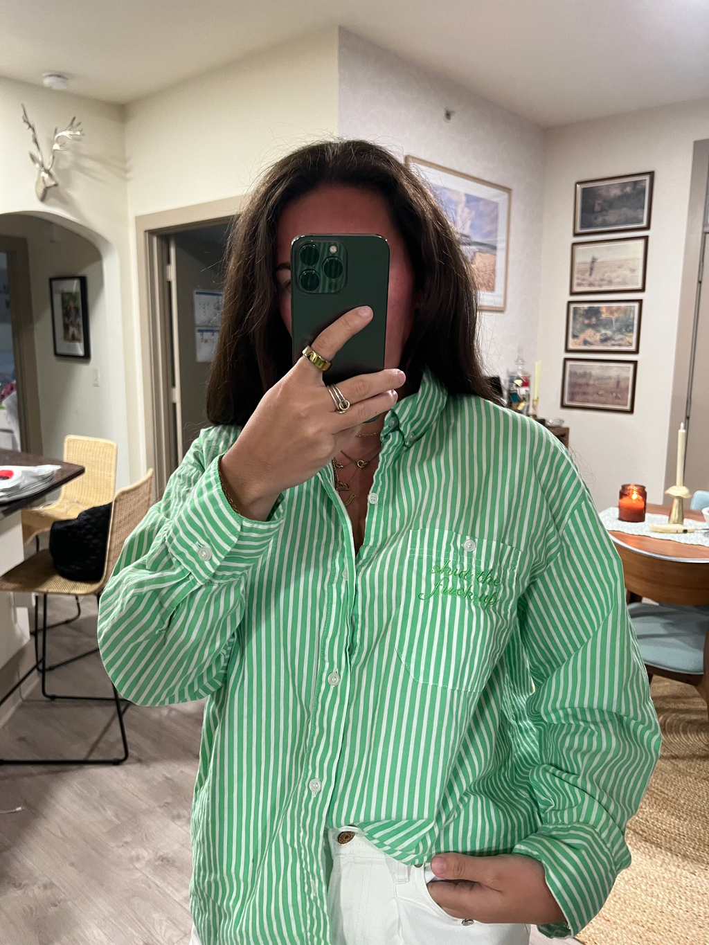 STFU Button Down - Green Stripes & Green