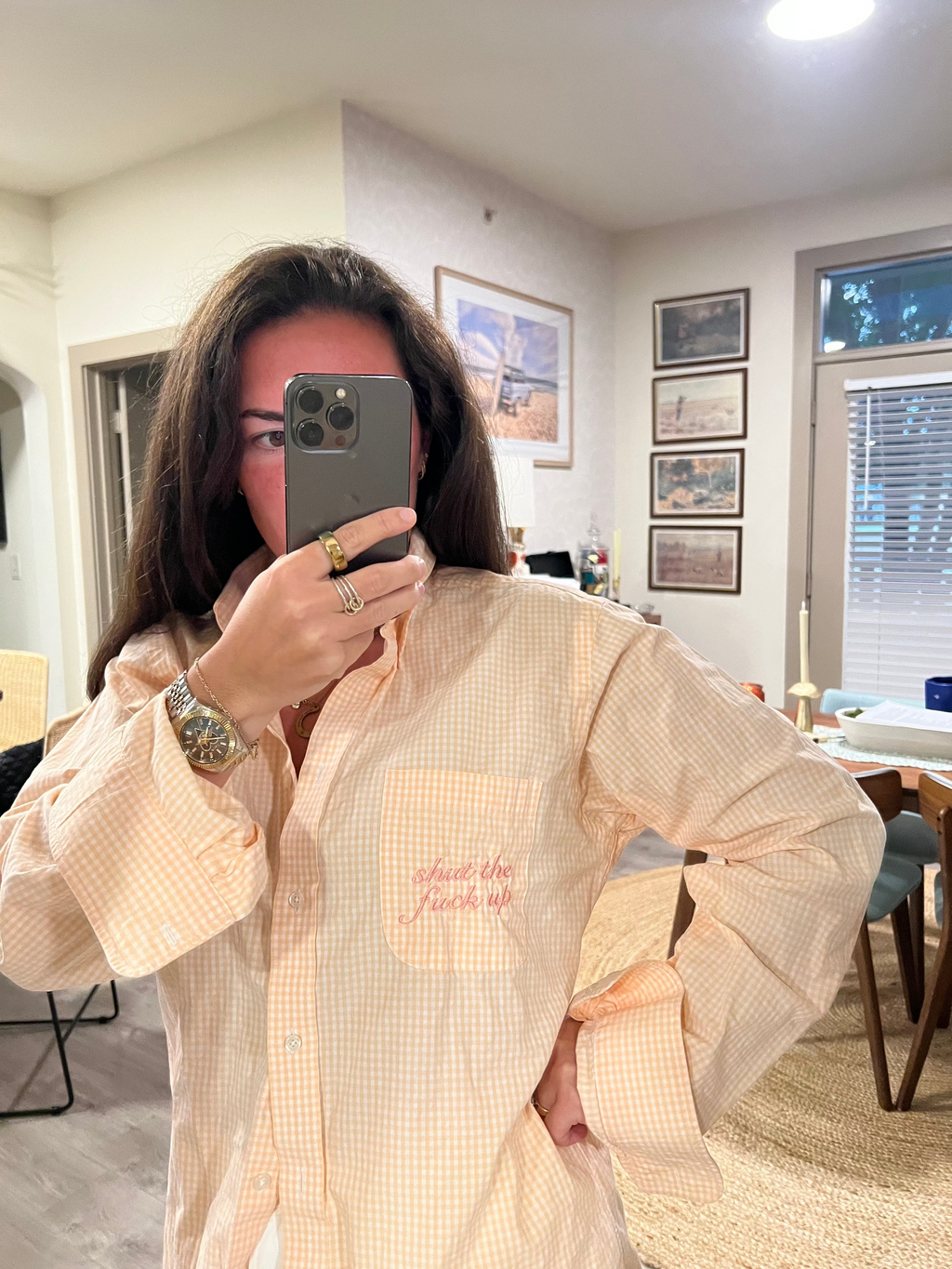 STFU Button Down - Orange Stripe & Pink