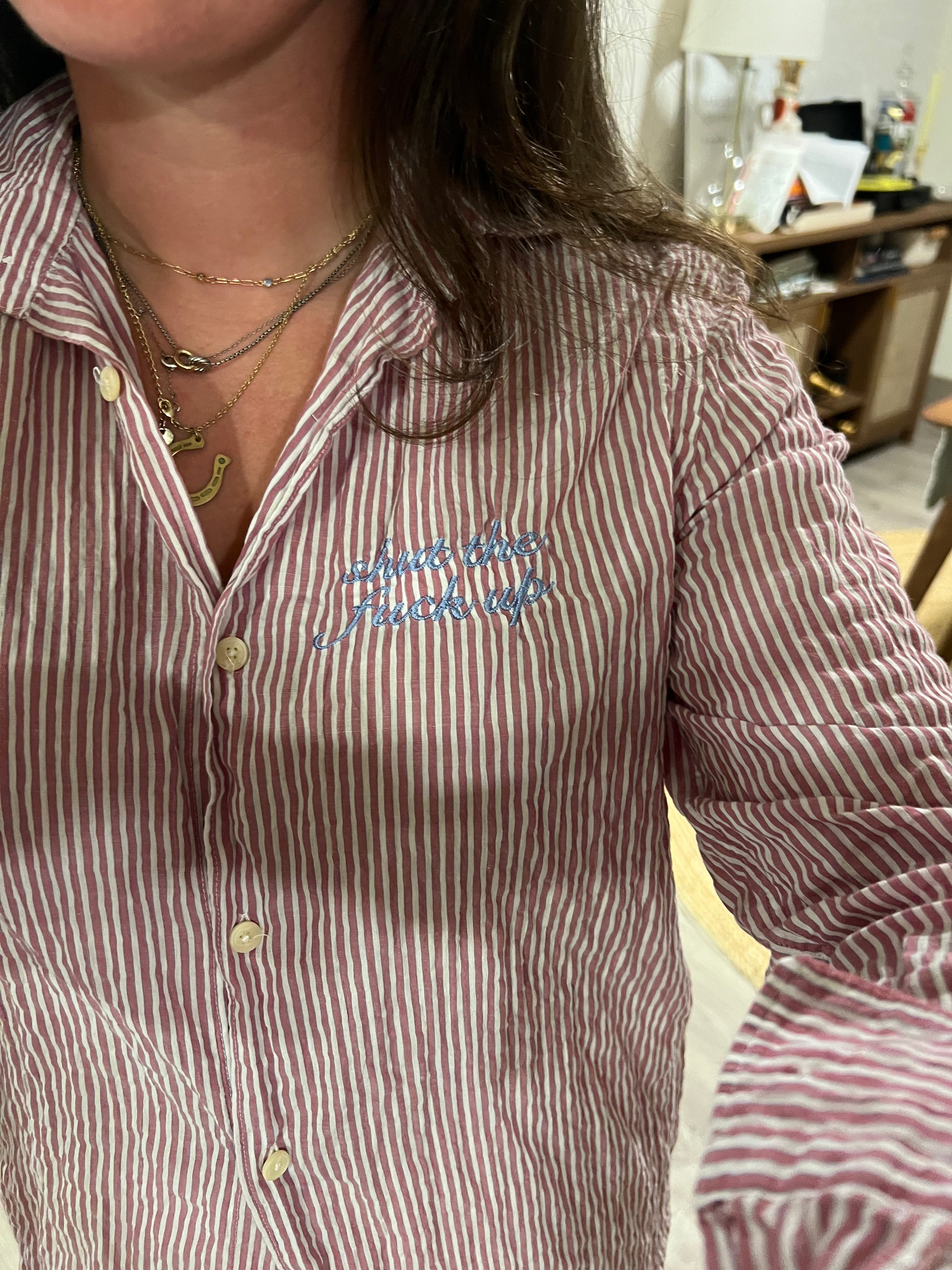 STFU Button Down - Red Stripes & Blue