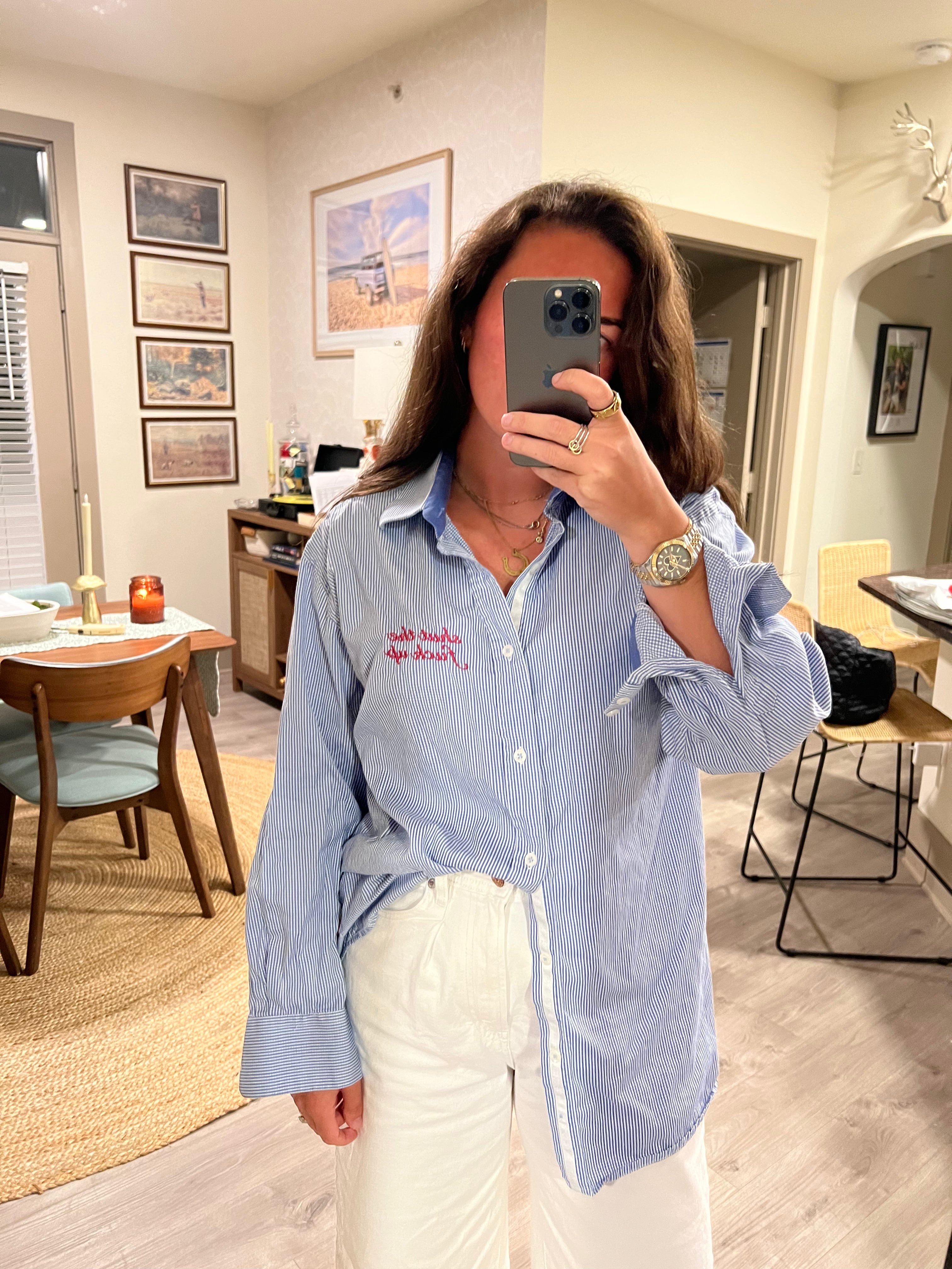 STFU Button Down - Blue Stripes & Magenta