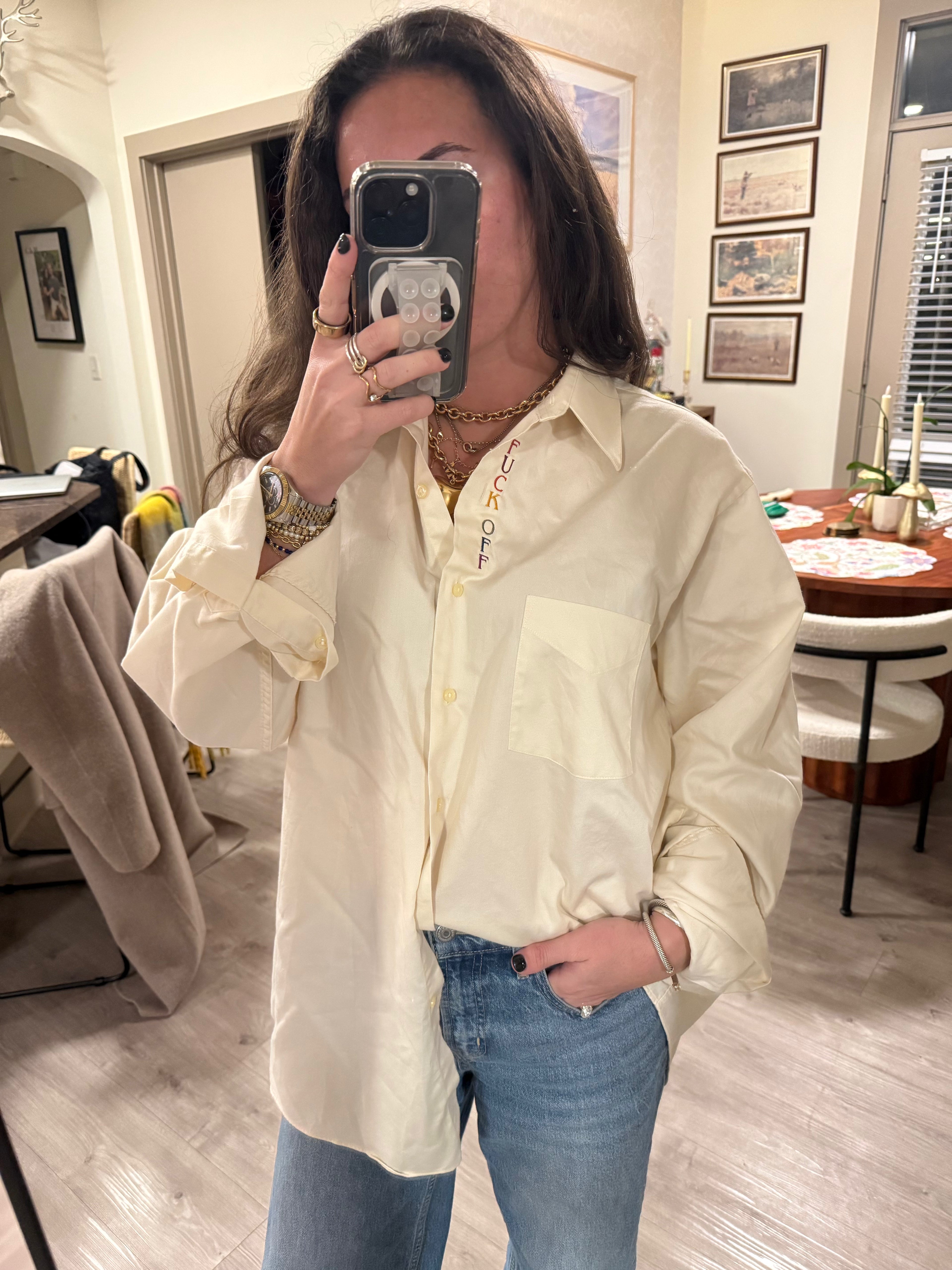 F Off Button Down - Cream & Rainbow