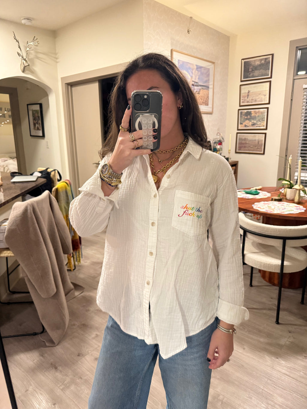 Stfu Button Down - White & Rainbow