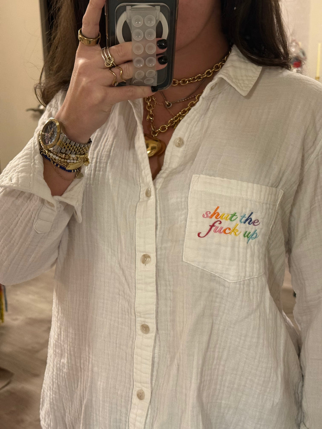 Stfu Button Down - White & Rainbow