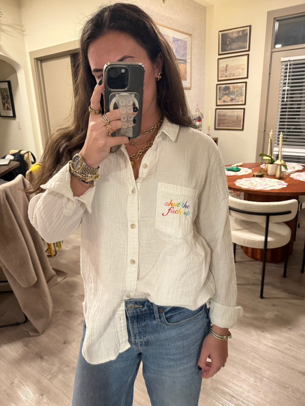 Stfu Button Down - White & Rainbow