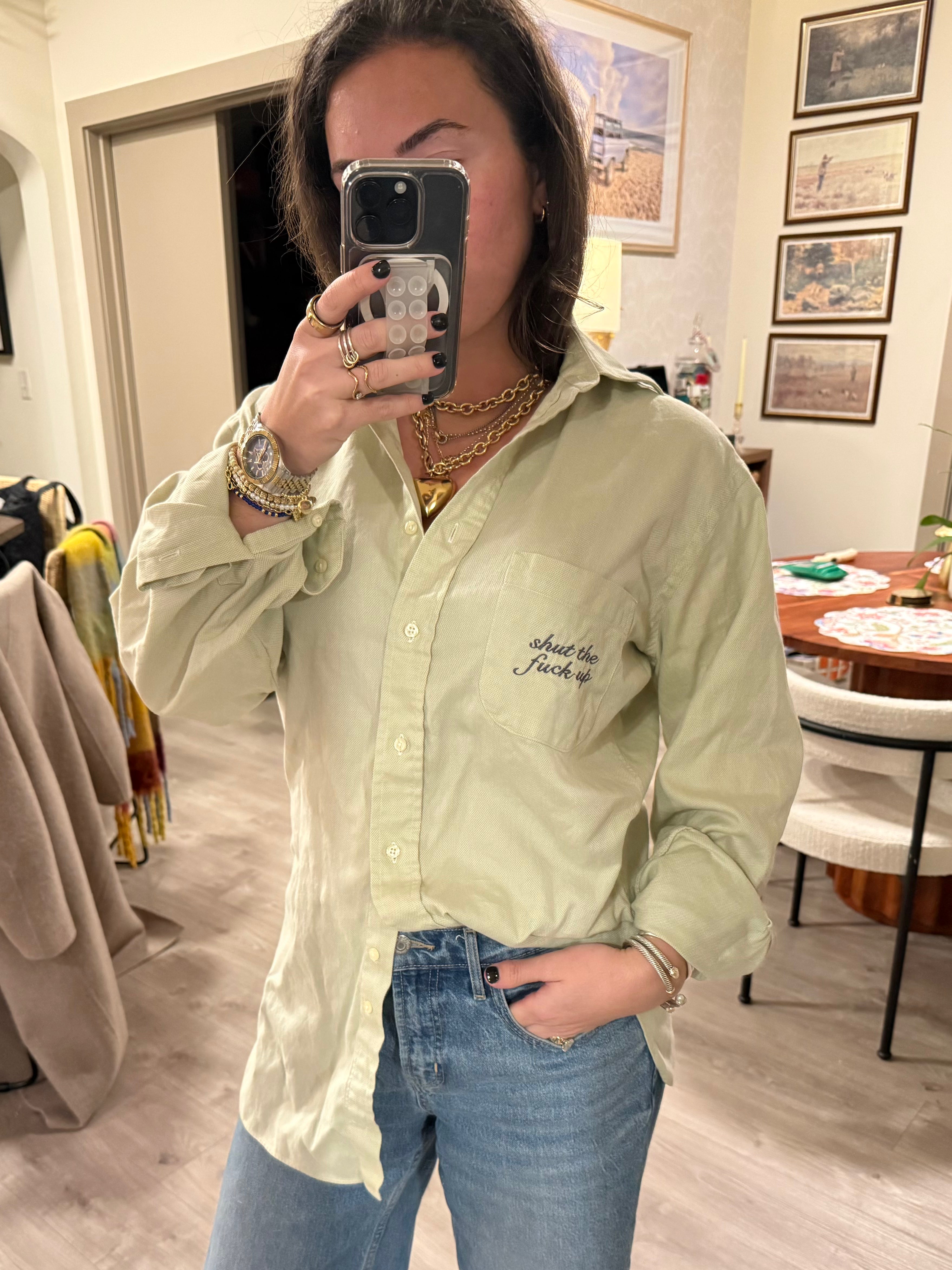 STFU Button Down - Light Green & Navy