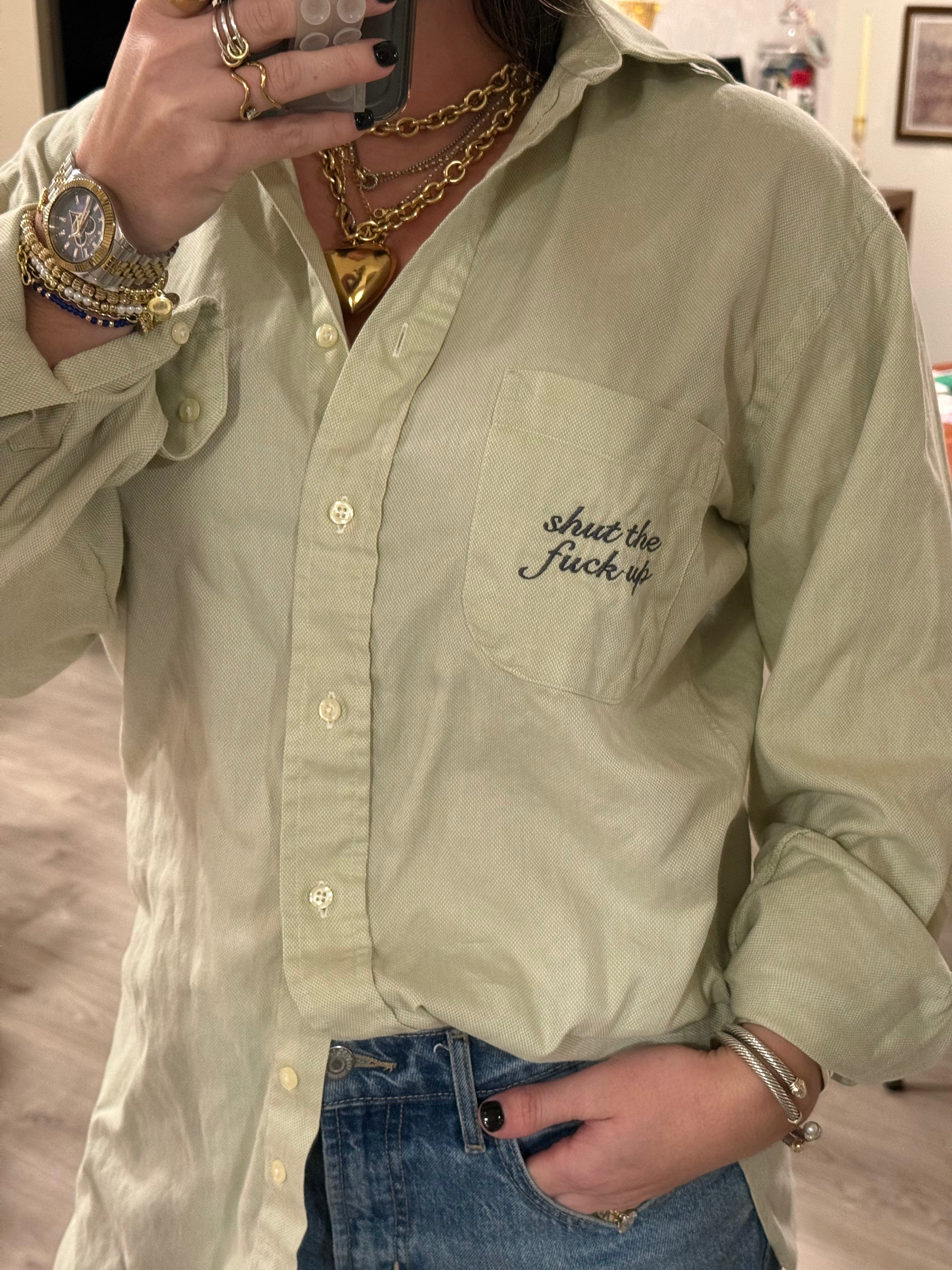 STFU Button Down - Light Green & Navy