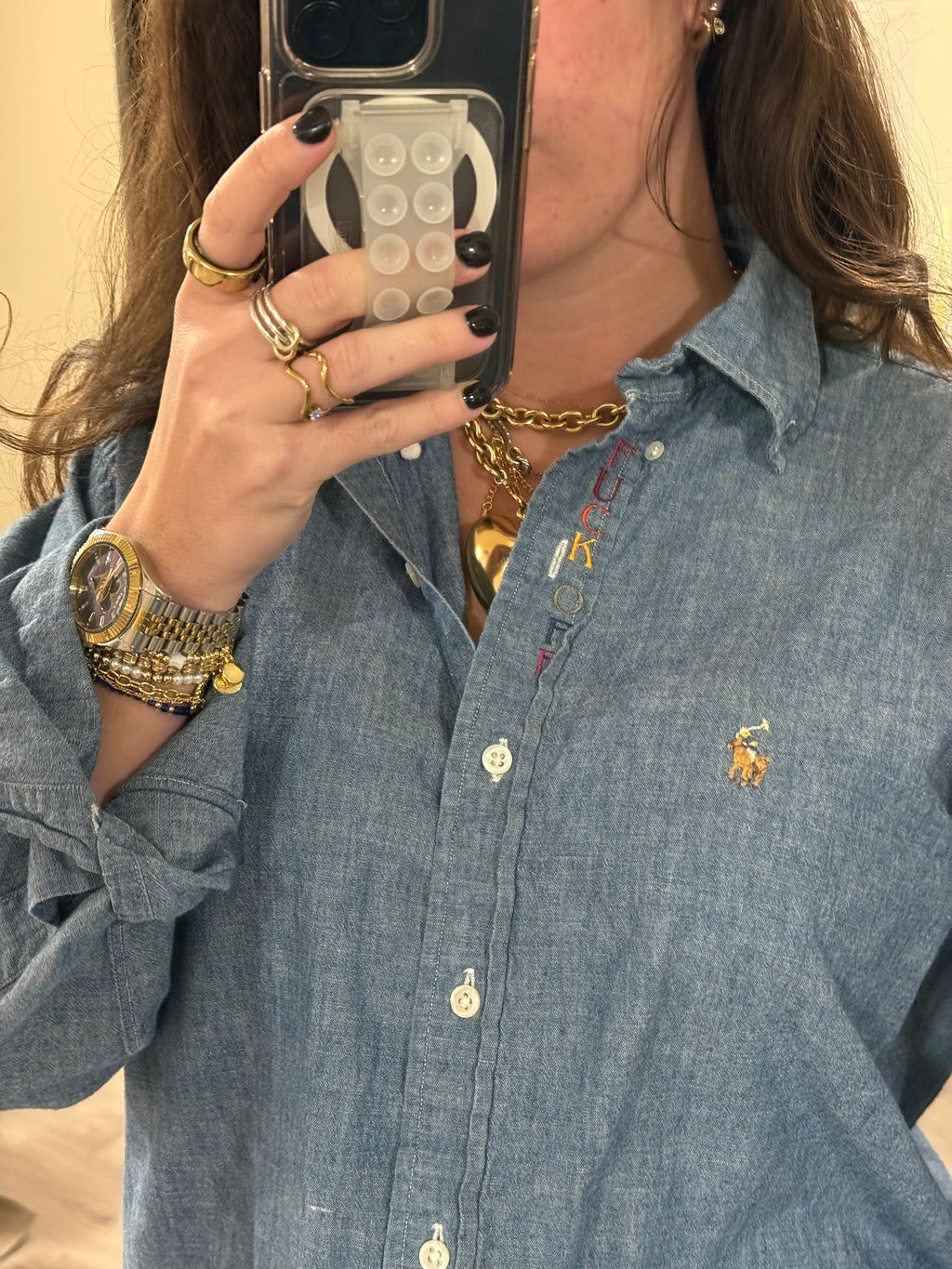 F*ck Off Button Down - Chambray & Rainbow