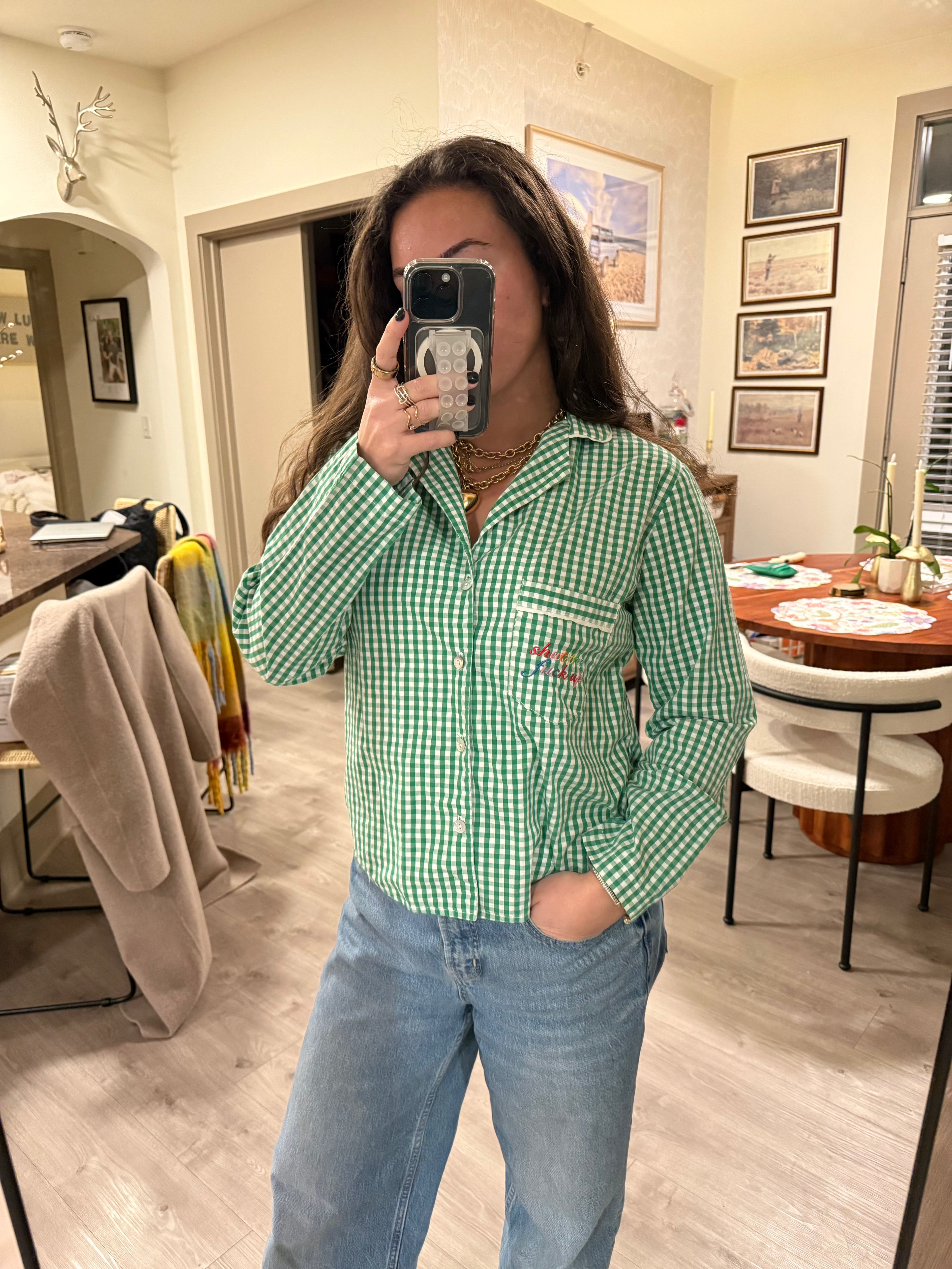 STFU Button Down - Green Gingham & Rainbow