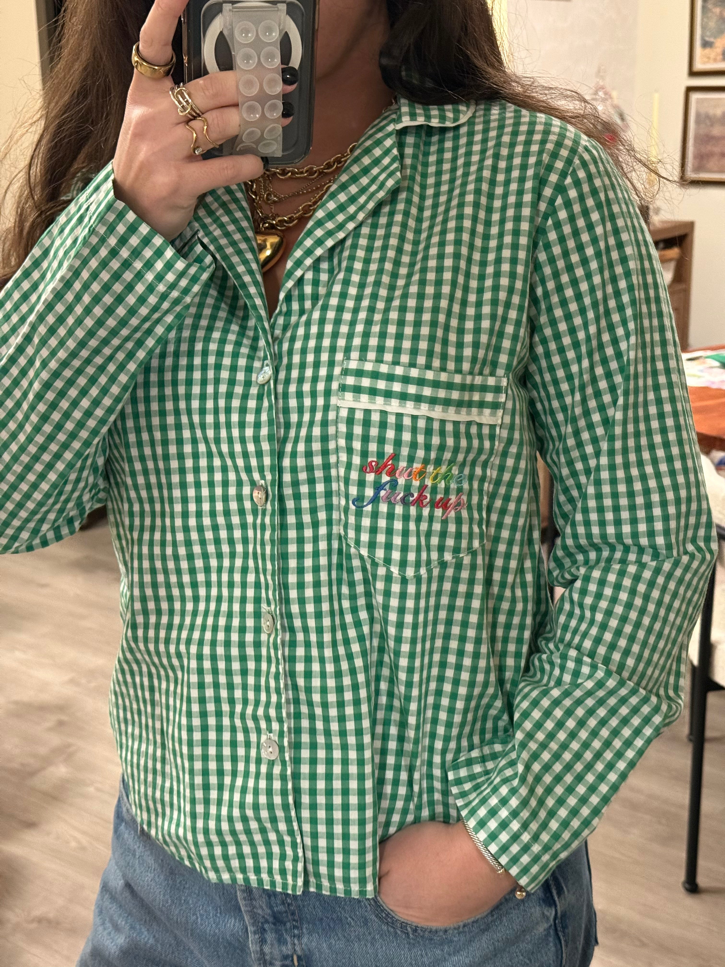STFU Button Down - Green Gingham & Rainbow