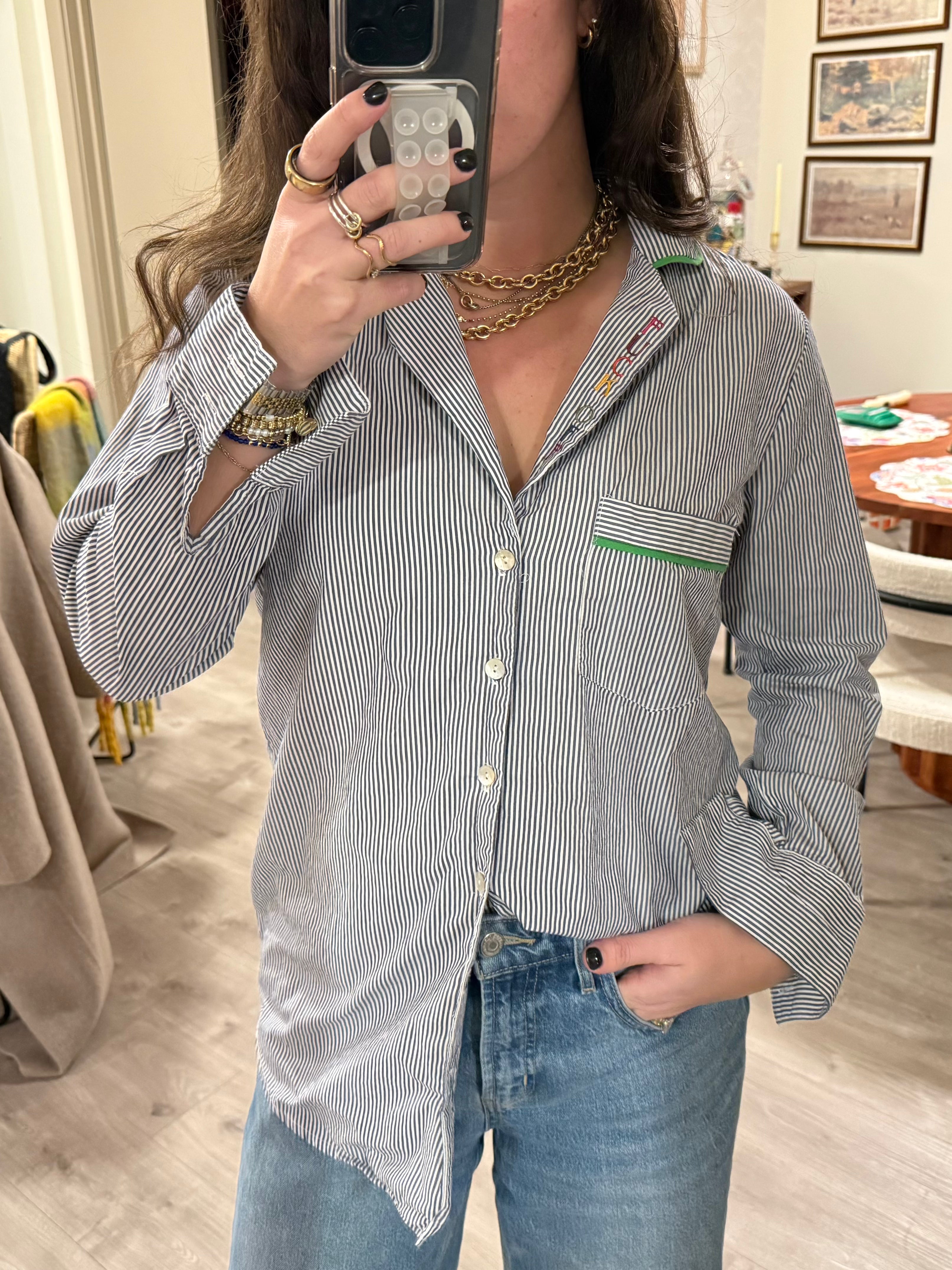 F Off Button Down - Blue Stripes & Rainbow