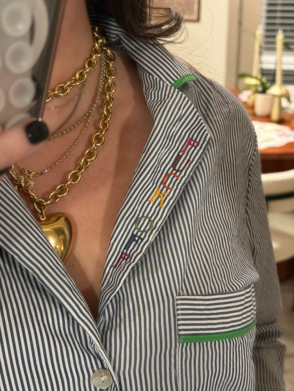 F Off Button Down - Blue Stripes & Rainbow