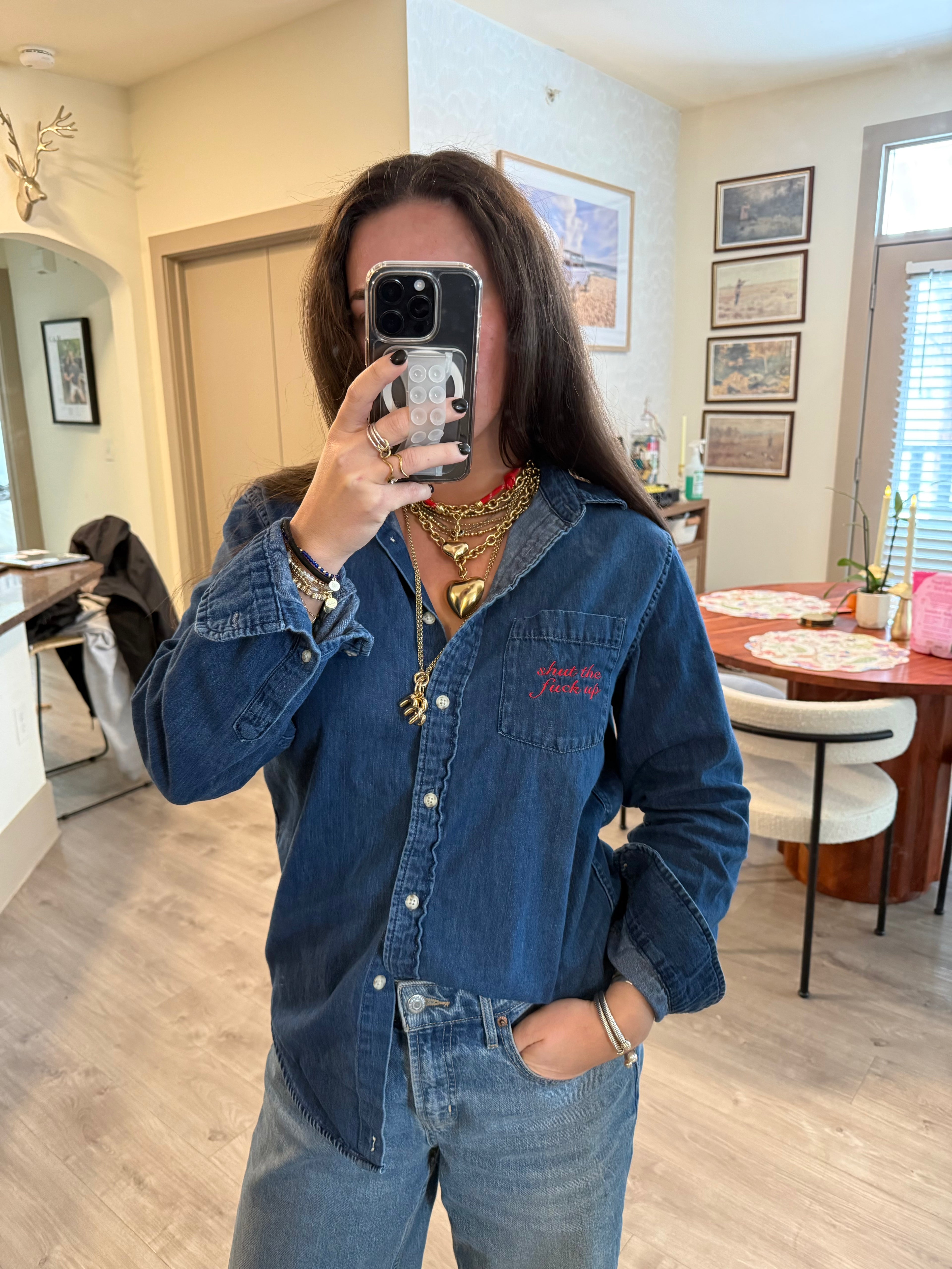 "Shut The Fuck Up" Button Down - Denim & Red