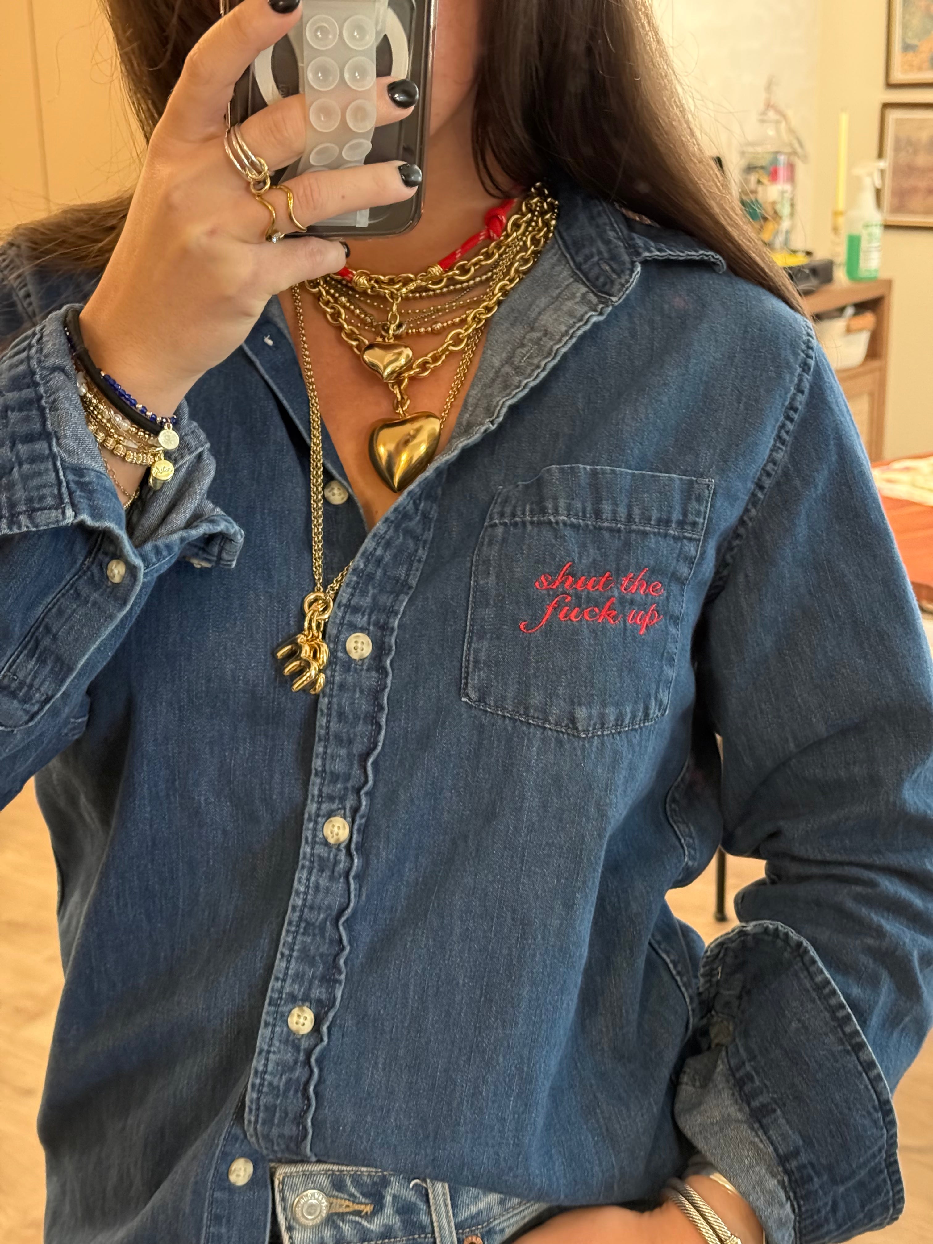 "Shut The Fuck Up" Button Down - Denim & Red