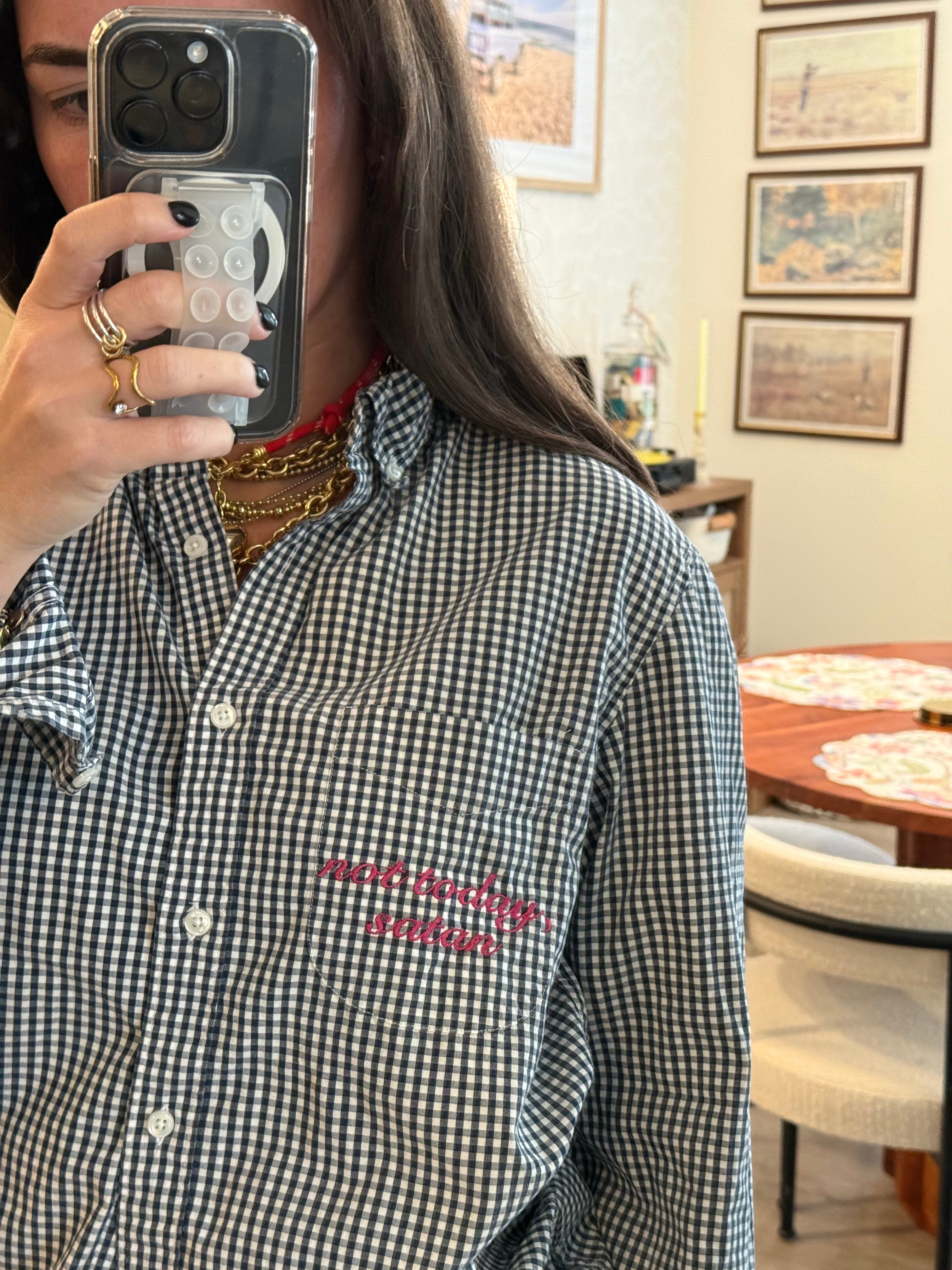 "Not Today, Satan" Button Down - Black & Magenta