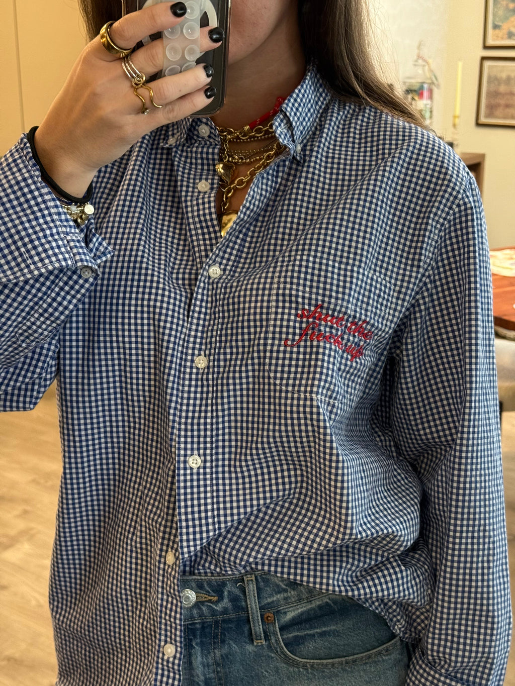 "Shut The Fuck Up" Button Down - Blue & Red