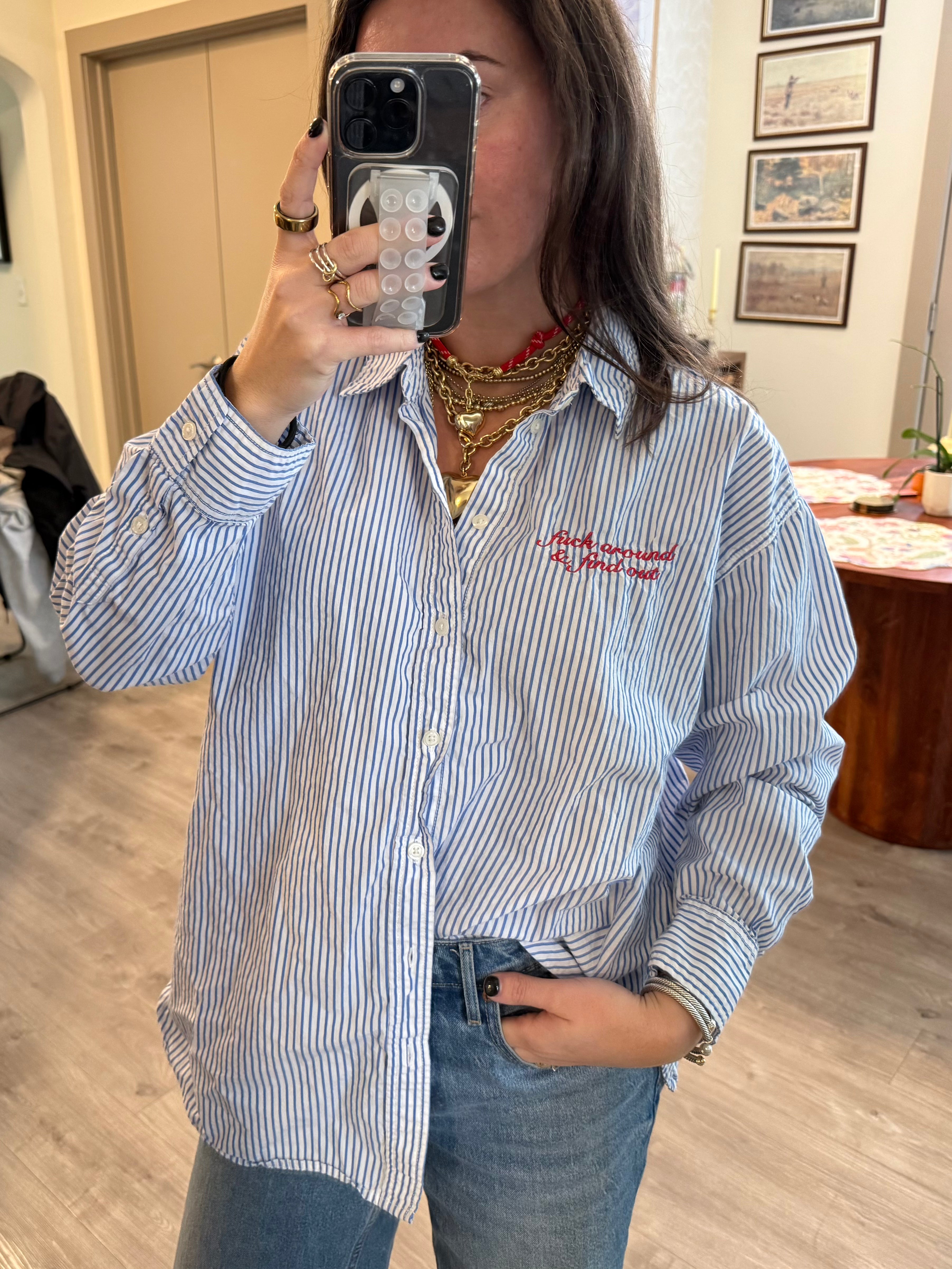 "Fuck Around & Find Out" Button Down - Blue & Red