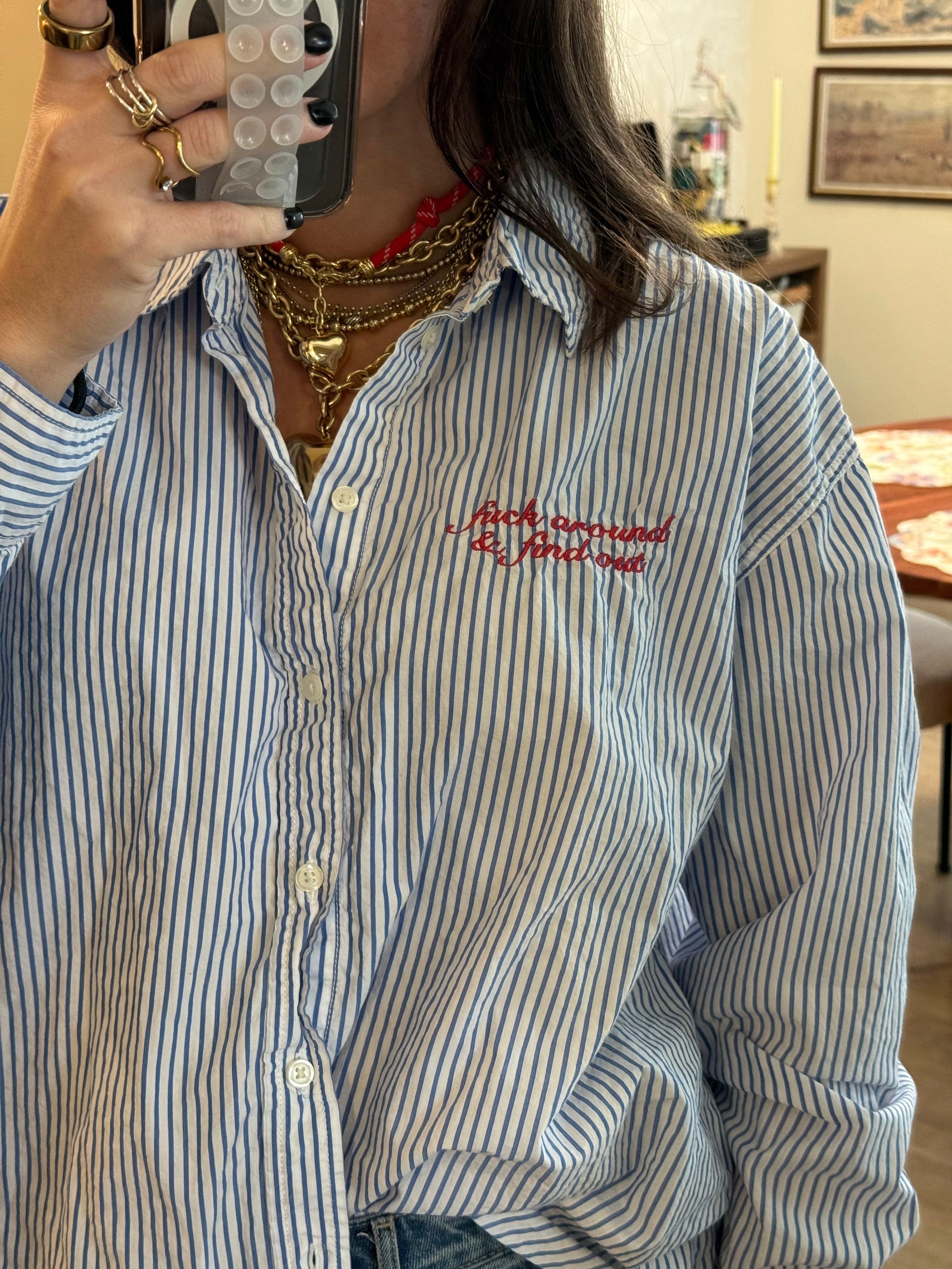 "Fuck Around & Find Out" Button Down - Blue & Red