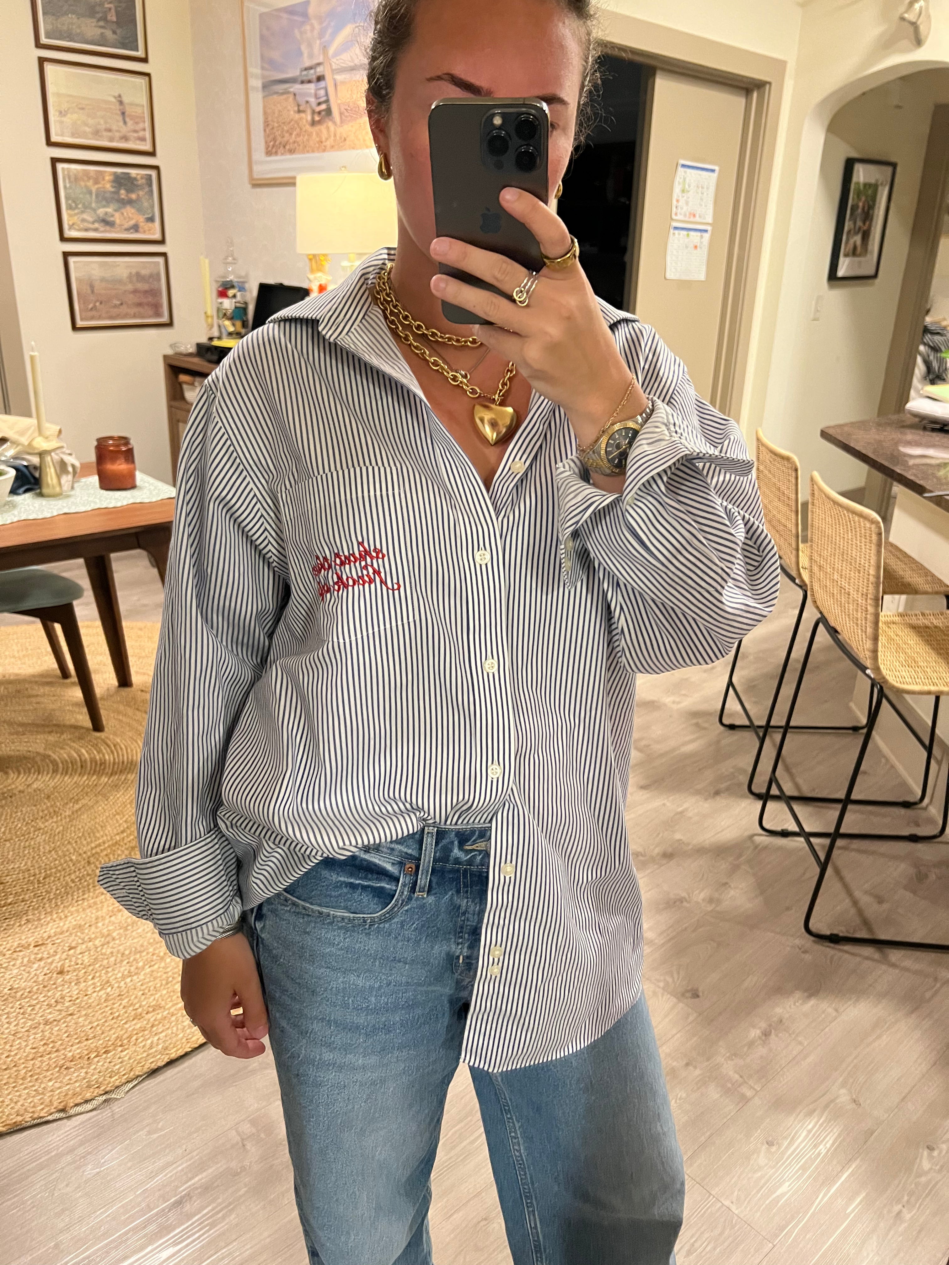 STFU Button Down - Navy Stripes & Red - Size XL