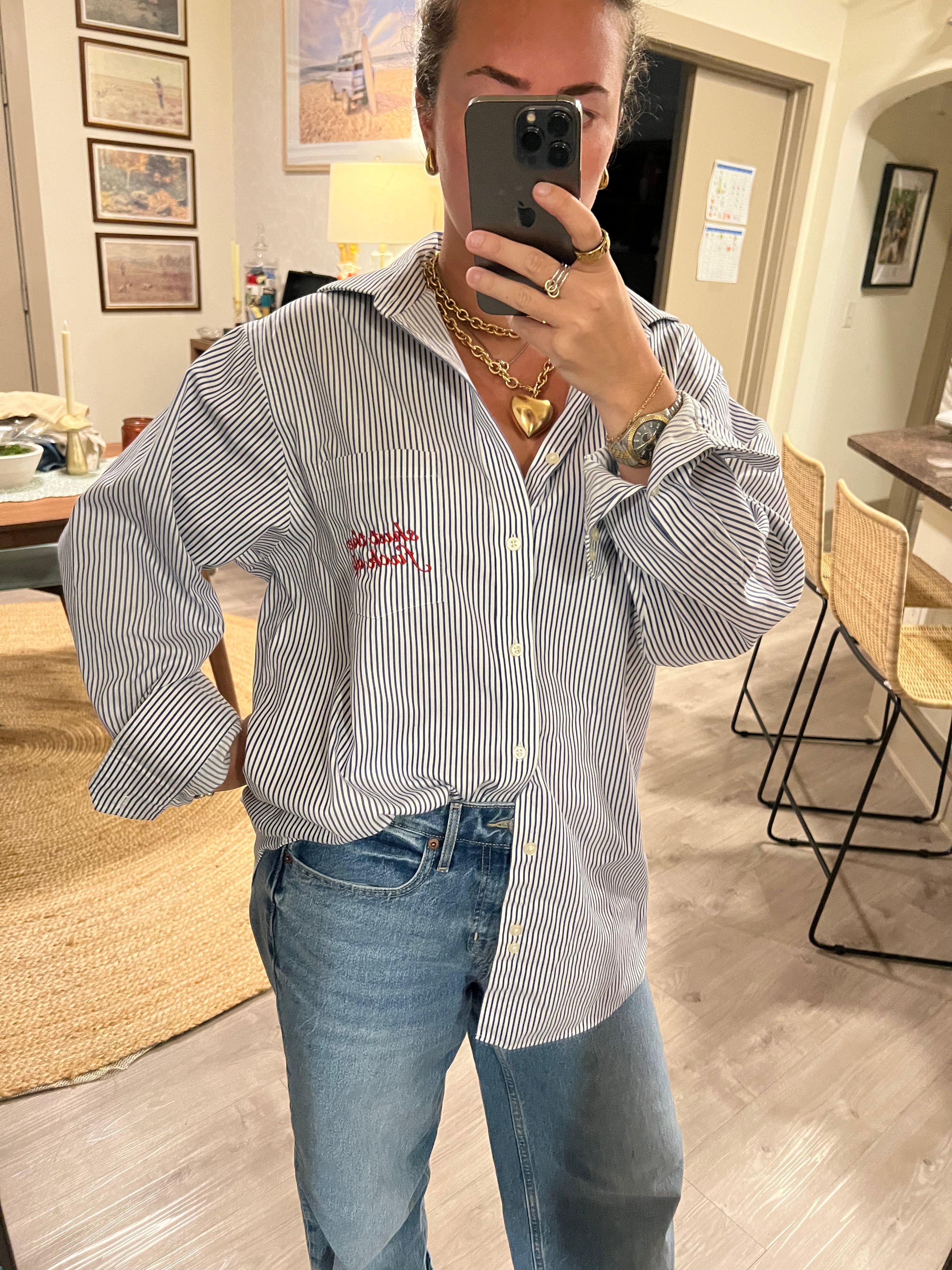 STFU Button Down - Navy Stripes & Red - Size XL