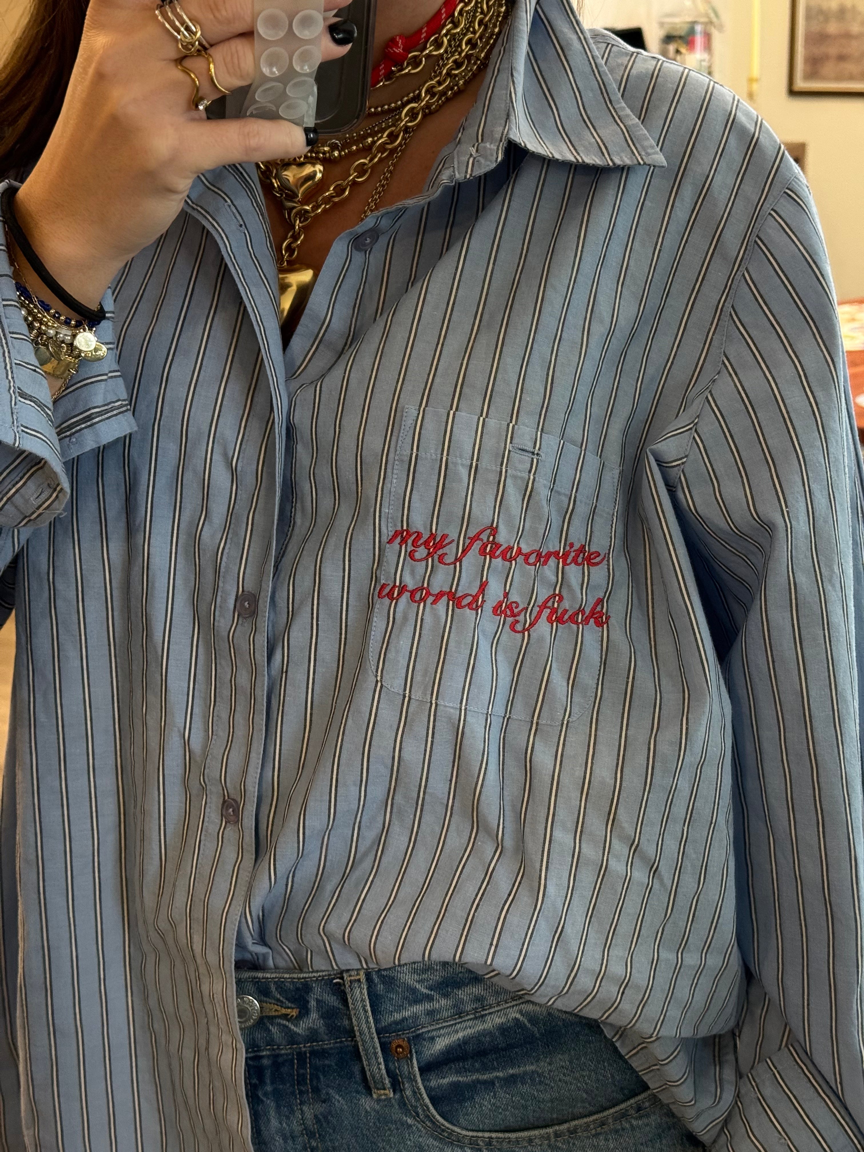 "My Favorite Word Is Fuck" Button Down - Blue & Red