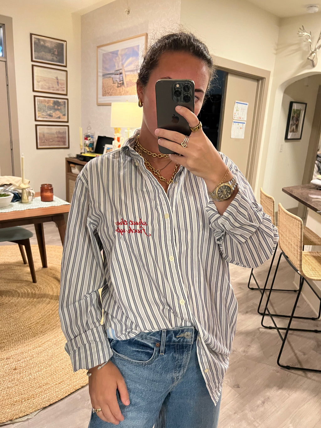 STFU Button Down - Navy Stripes & Red - Size L