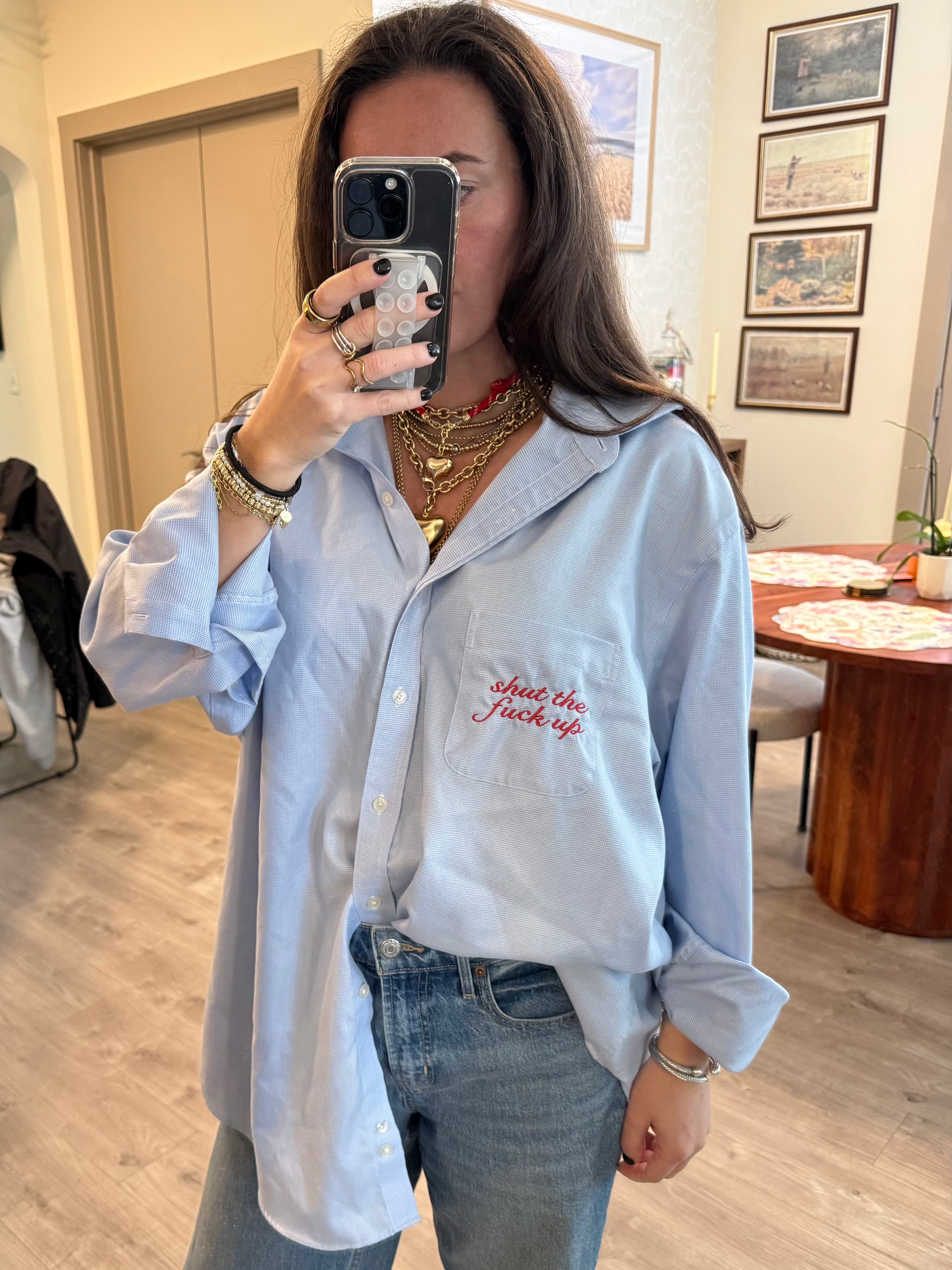 "Shut The Fuck Up" Button Down - Blue & Red