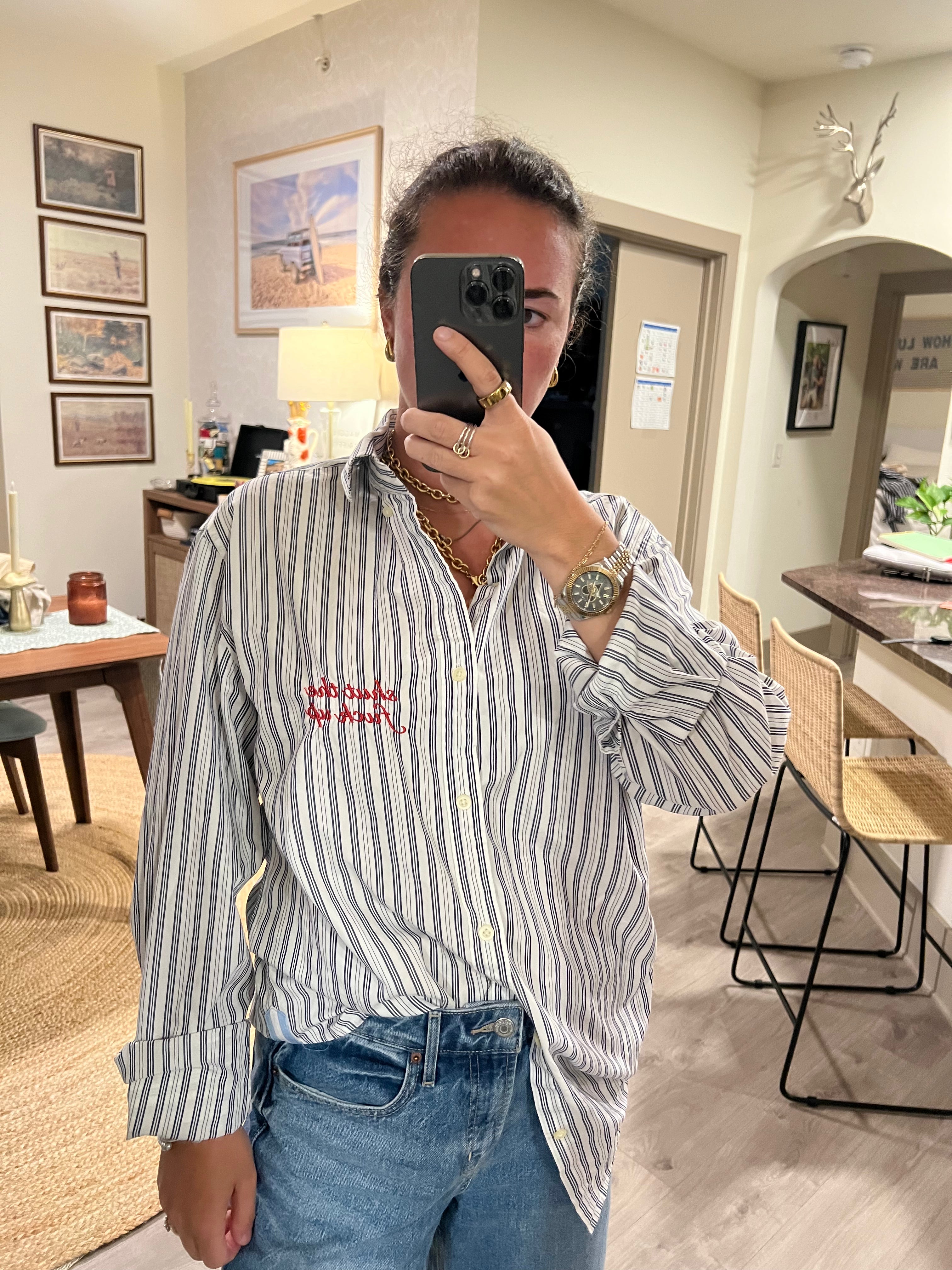 STFU Button Down - Navy Stripes & Red - Size L