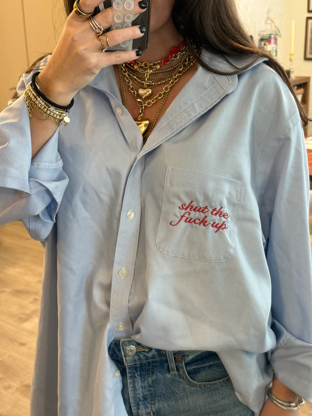 "Shut The Fuck Up" Button Down - Blue & Red