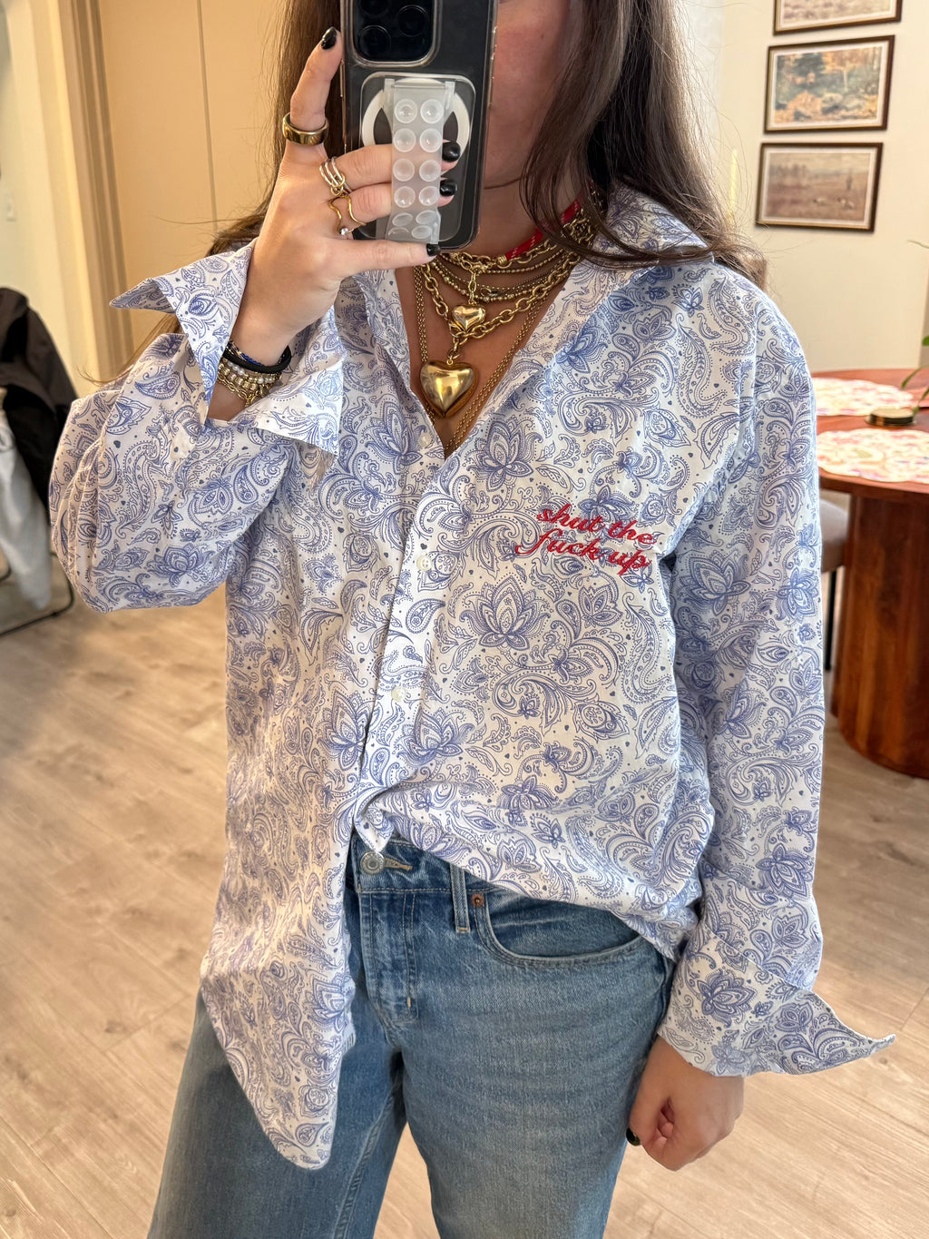 "Shut The Fuck Up" Button Down - Blue Paisley & Red