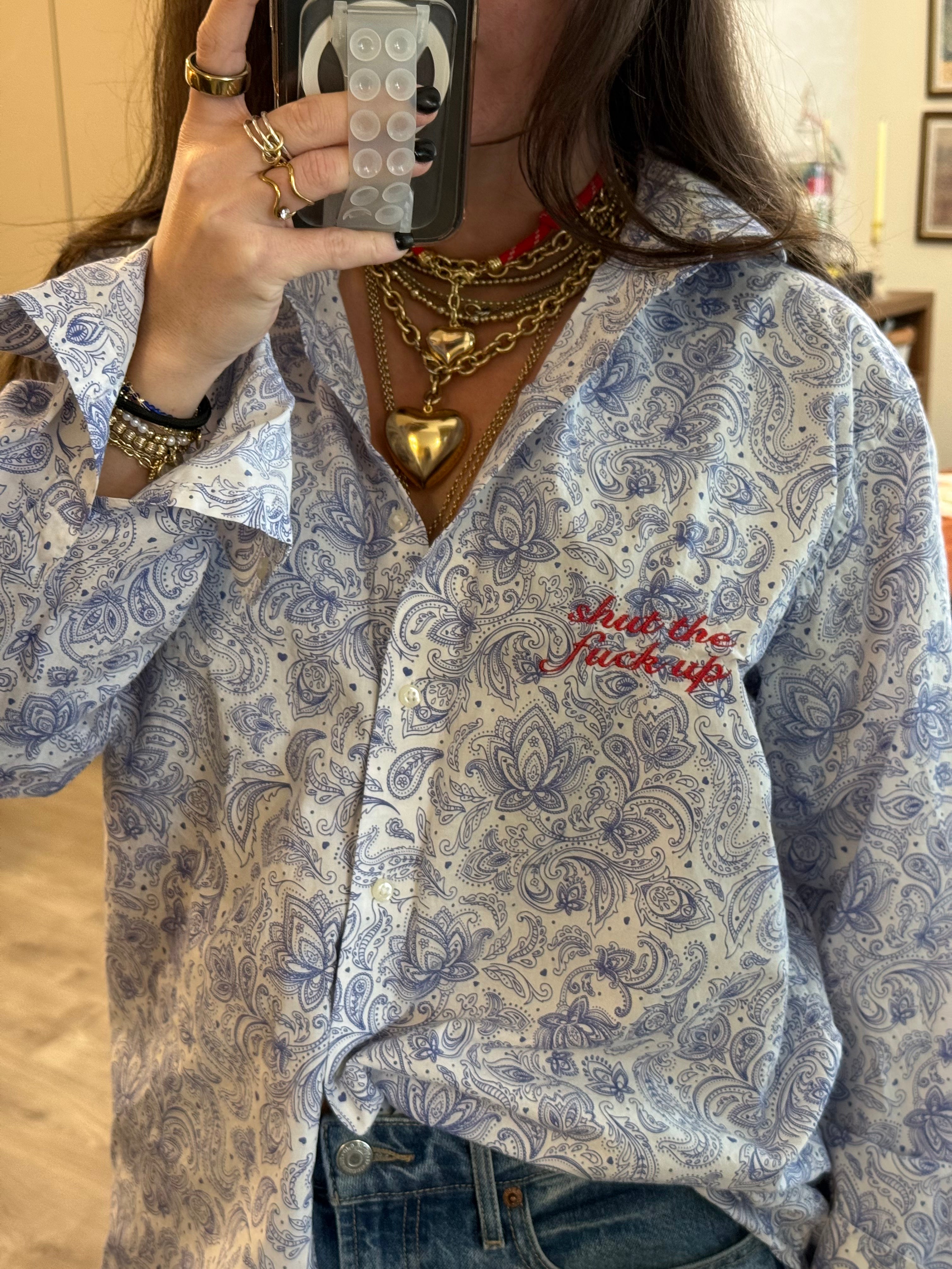 "Shut The Fuck Up" Button Down - Blue Paisley & Red