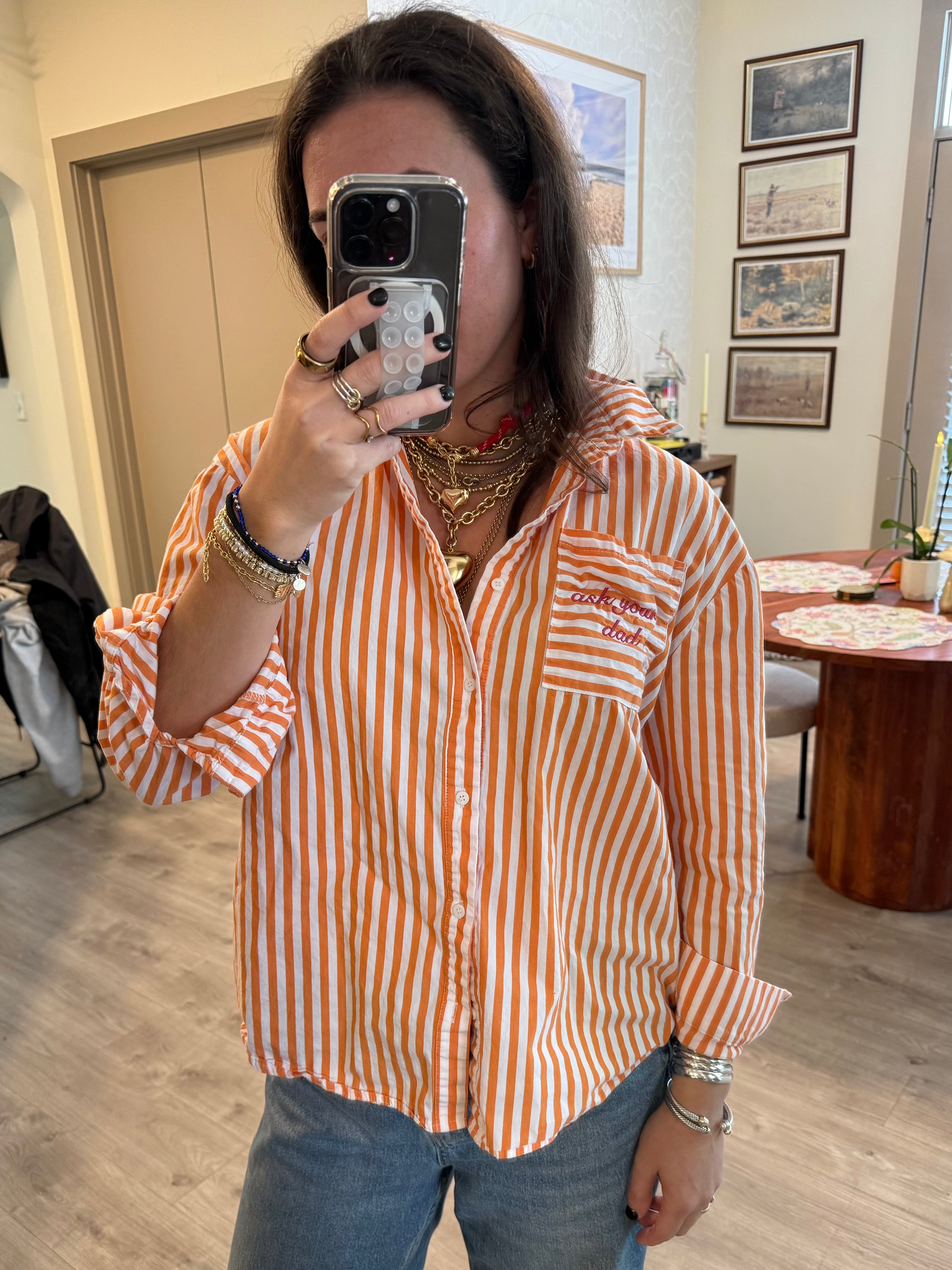 "Ask Your Dad" Button Down - Orange/White & Magenta