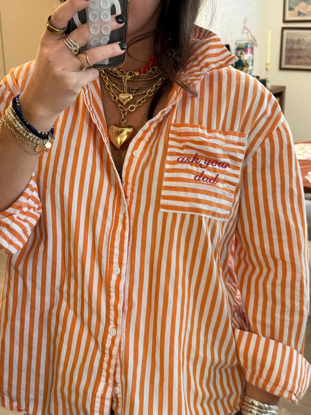 "Ask Your Dad" Button Down - Orange/White & Magenta