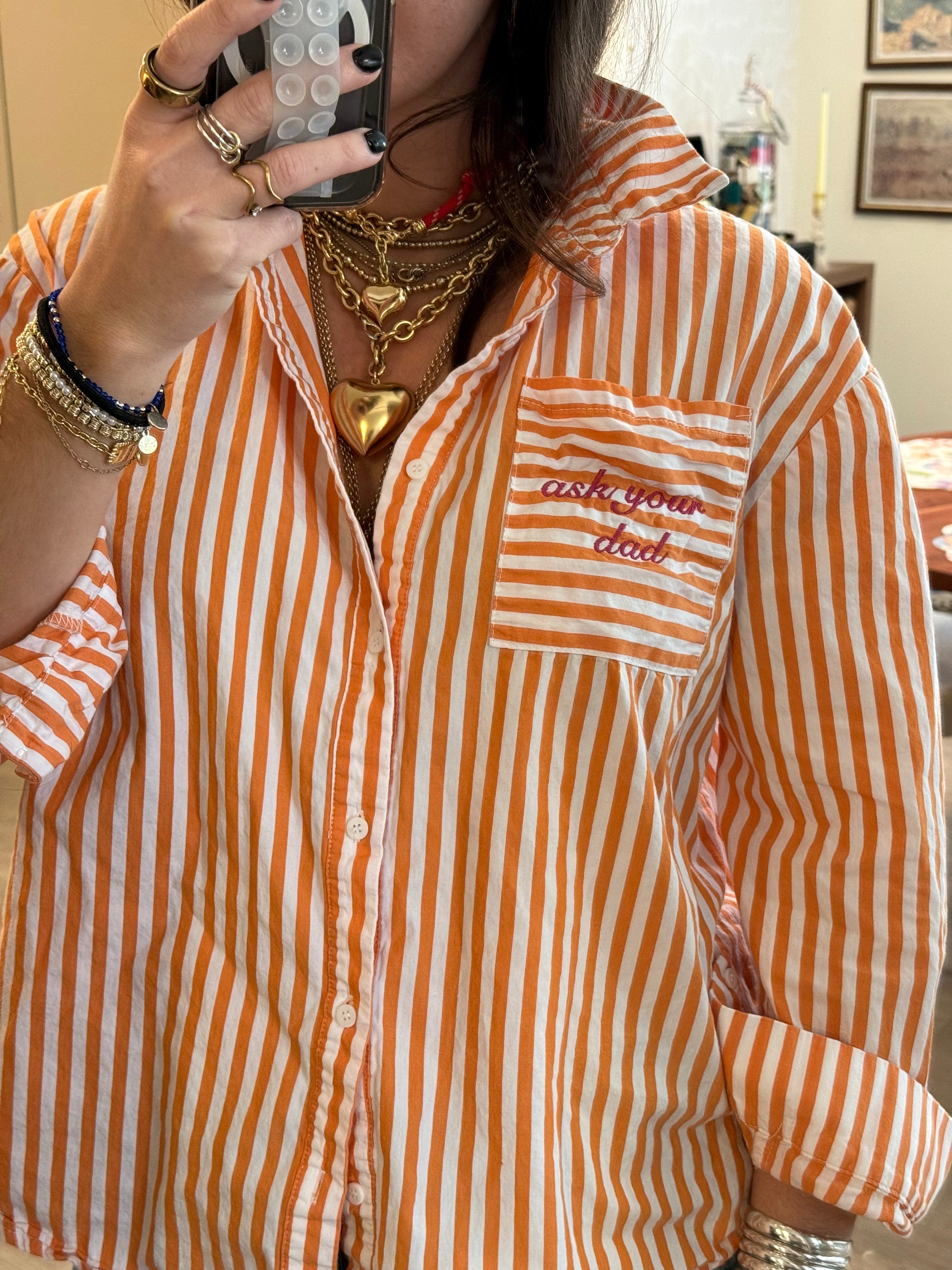 "Ask Your Dad" Button Down - Orange/White & Magenta