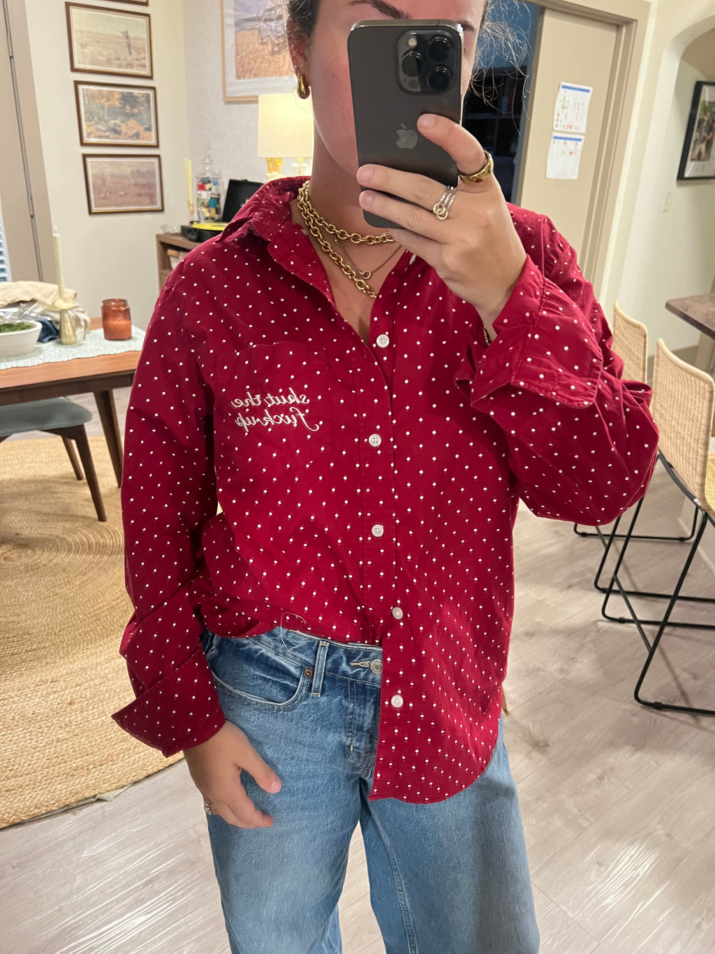 STFU Button Down - Red Polka Dots & Red - Size M