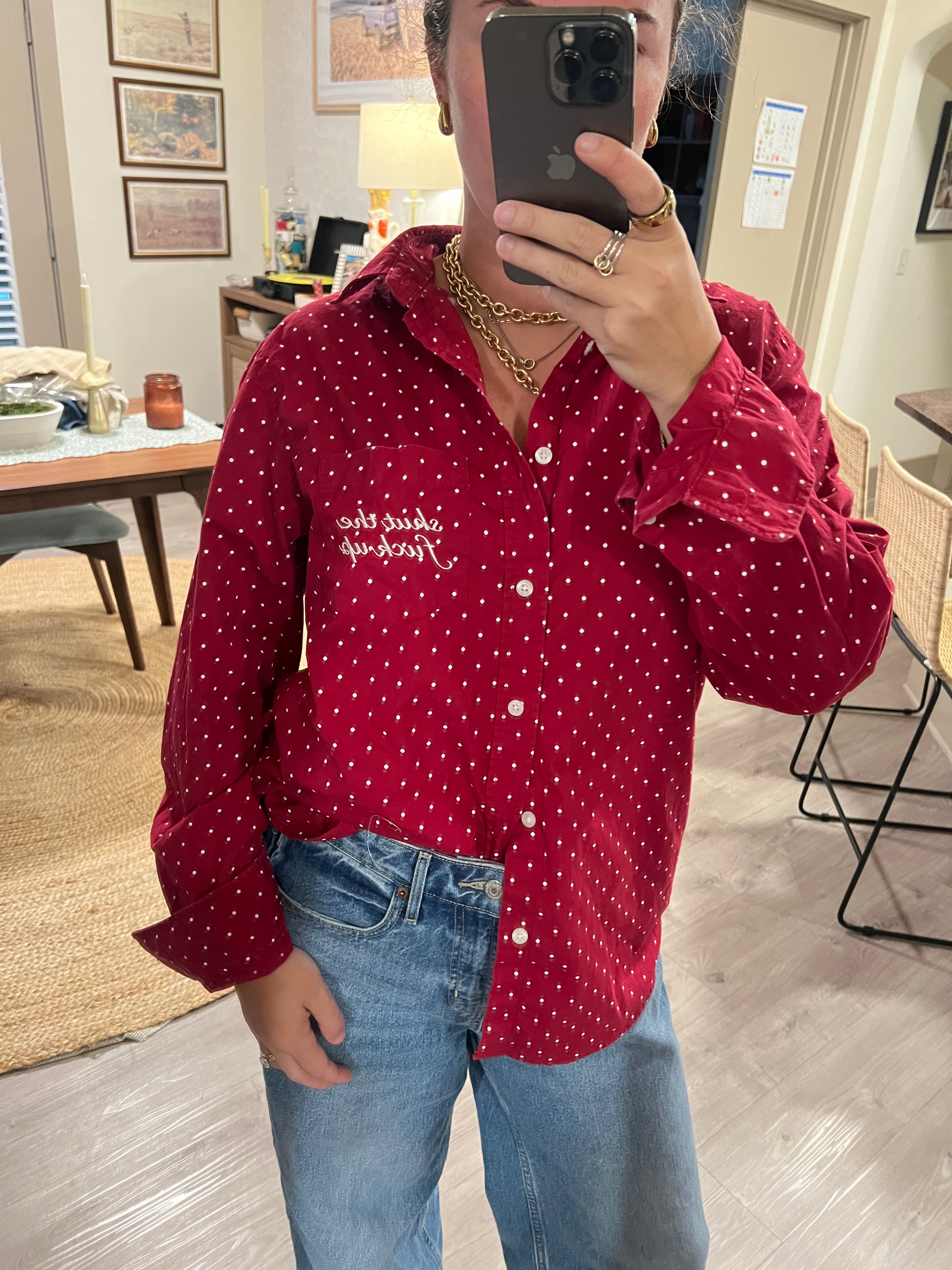 STFU Button Down - Red Polka Dots & Red - Size M