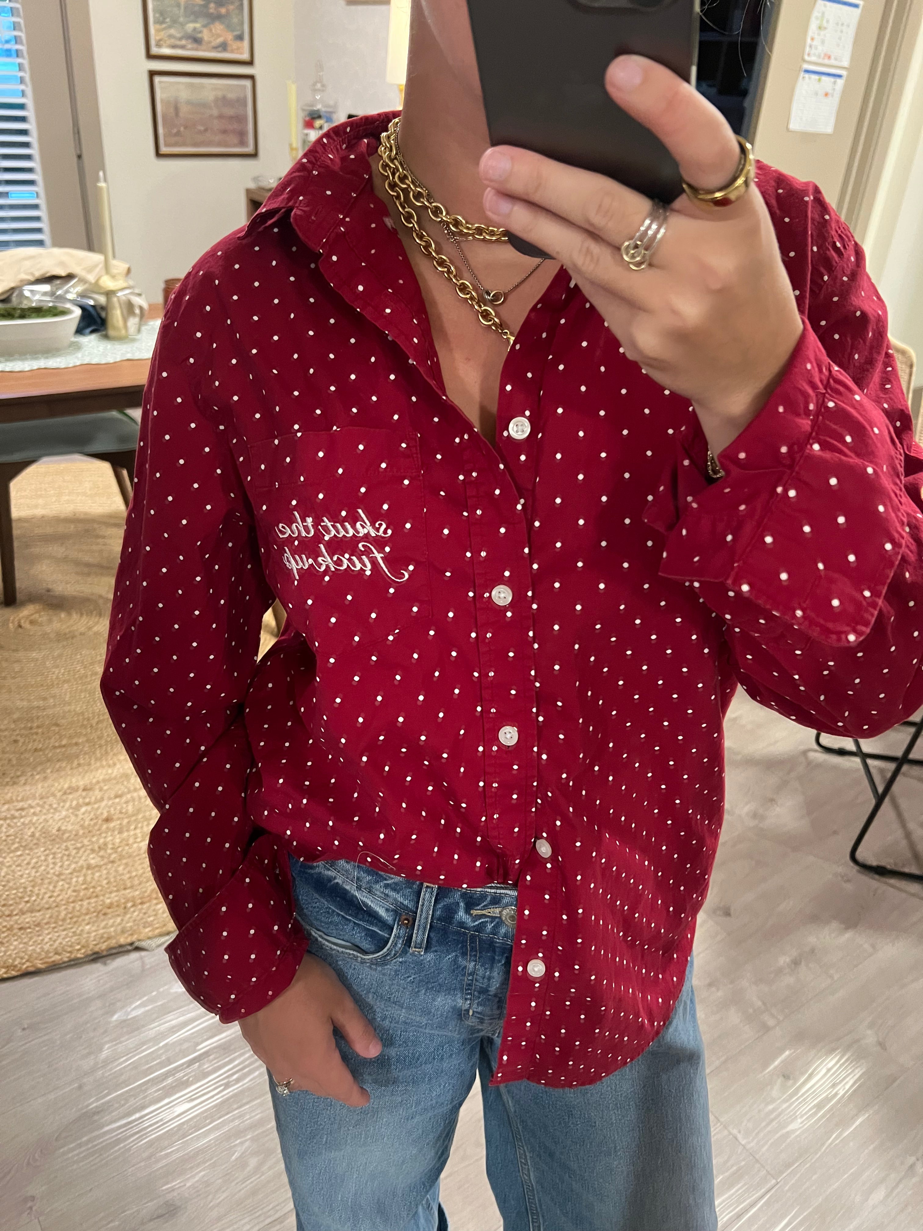 STFU Button Down - Red Polka Dots & Red - Size M