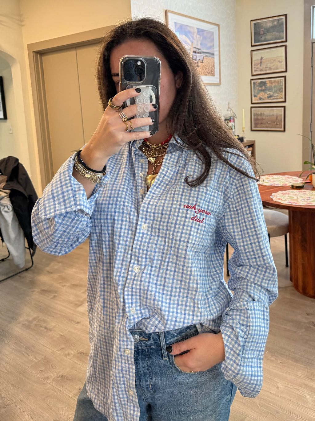 "Ask Your Dad" Button Down - Blue Plaid & Red