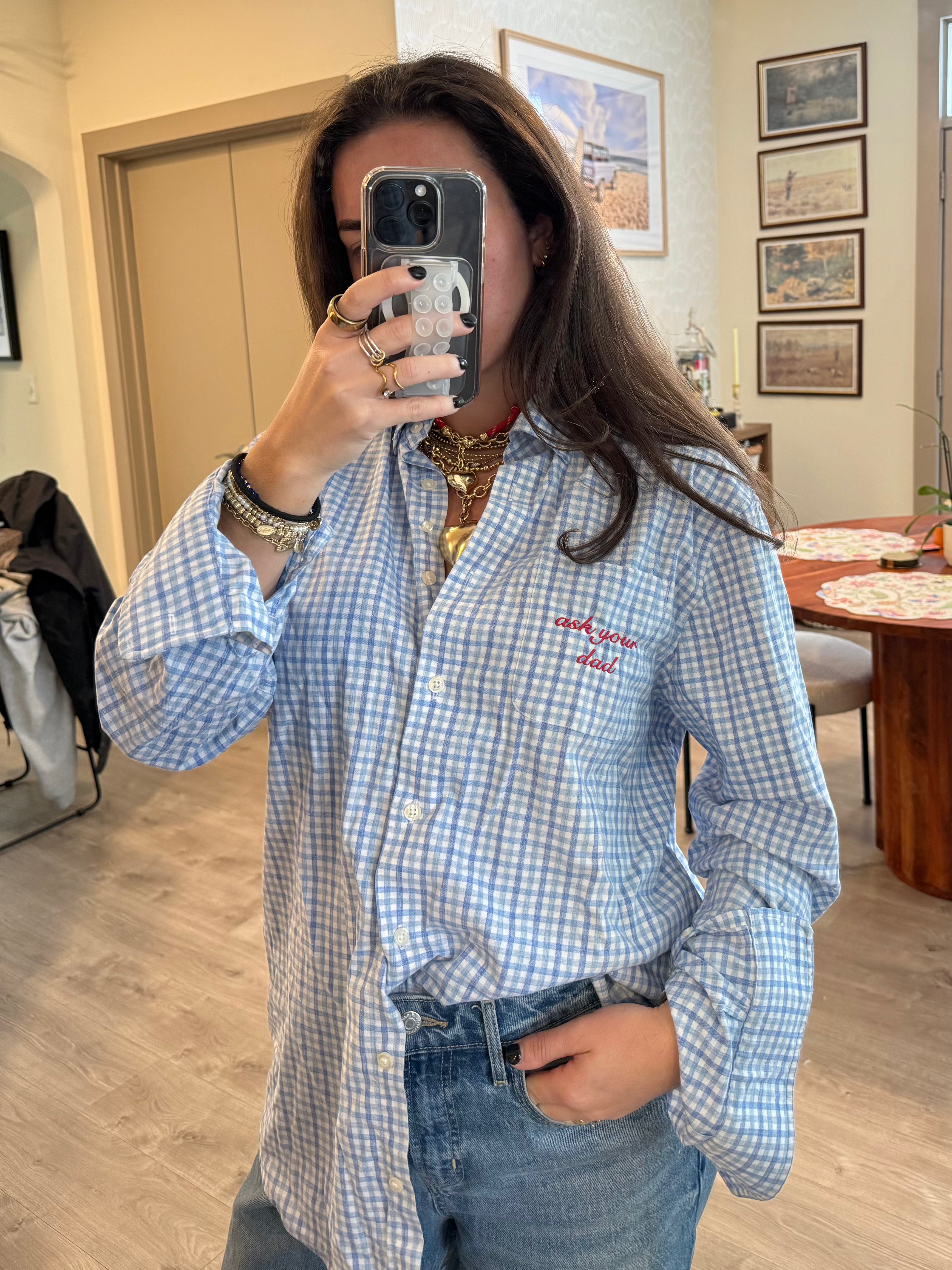 "Ask Your Dad" Button Down - Blue Plaid & Red